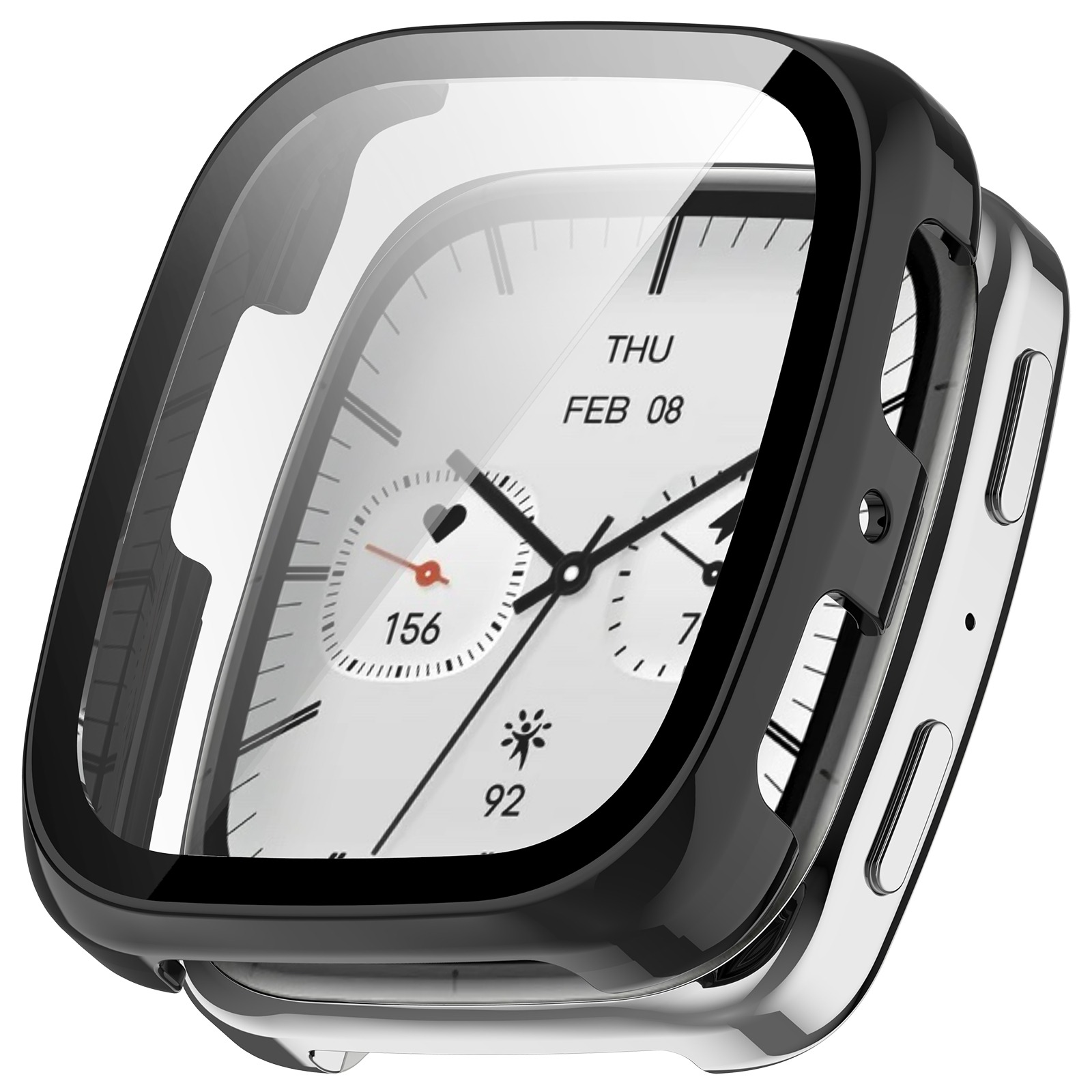 Uno smartwatch con custodia protettiva nera. Il quadrante mostra la data, la frequenza cardiaca e altre metriche.