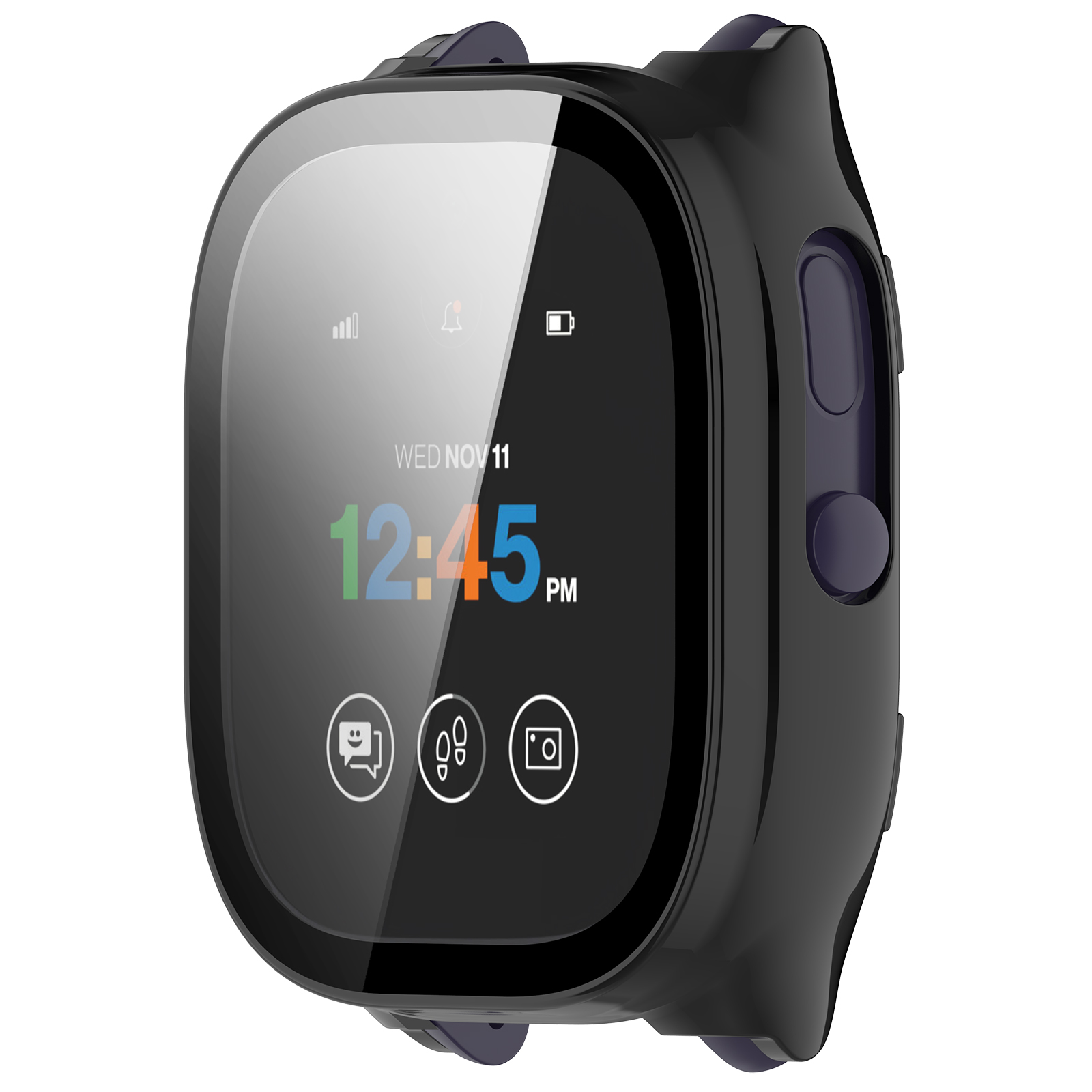 Smartwatch nero con schermo che mostra ora e data. Ha icone per messaggistica, passi e fotocamera.