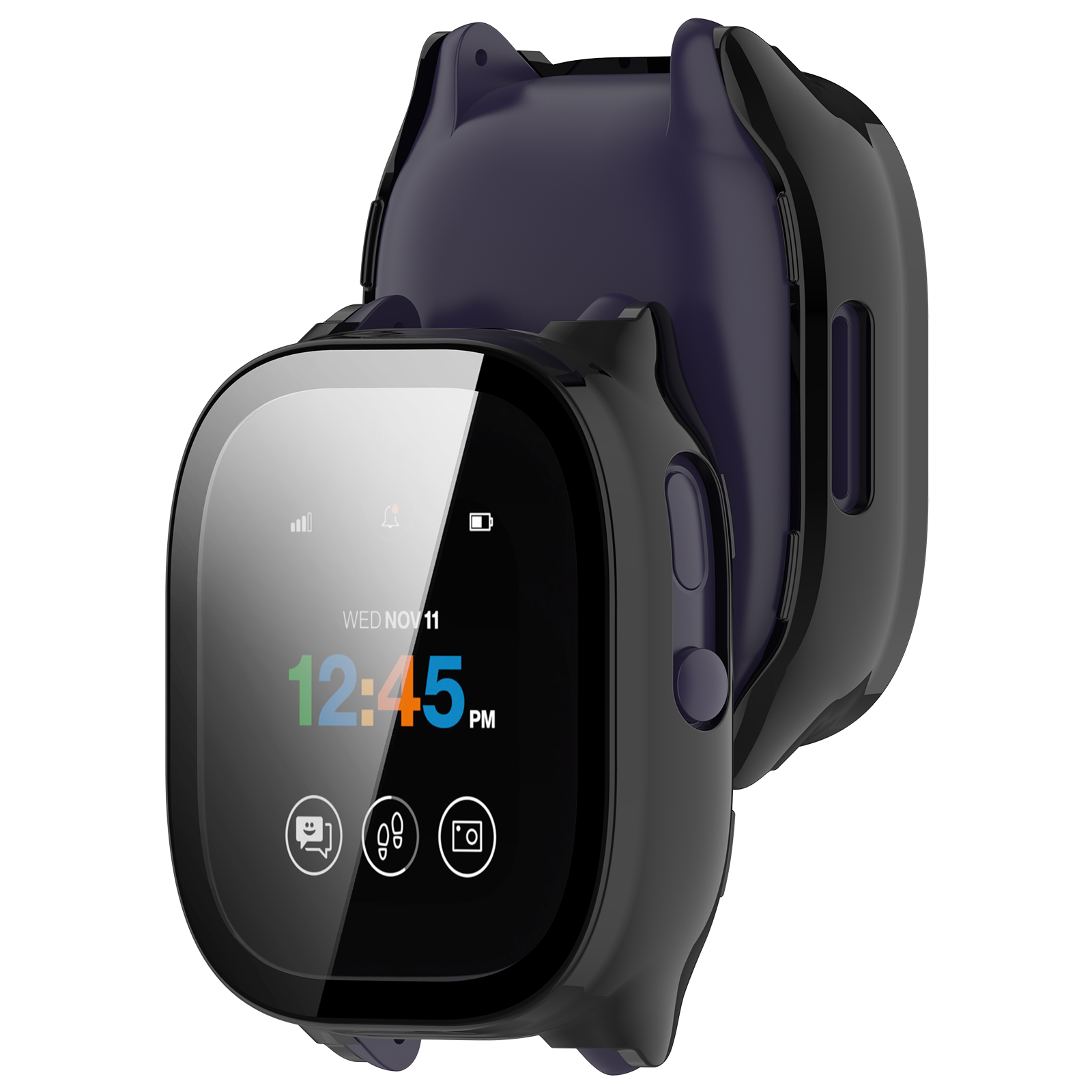 Uno smartwatch nero con custodia blu scuro, che mostra l'ora 12:45 PM l'11 novembre.