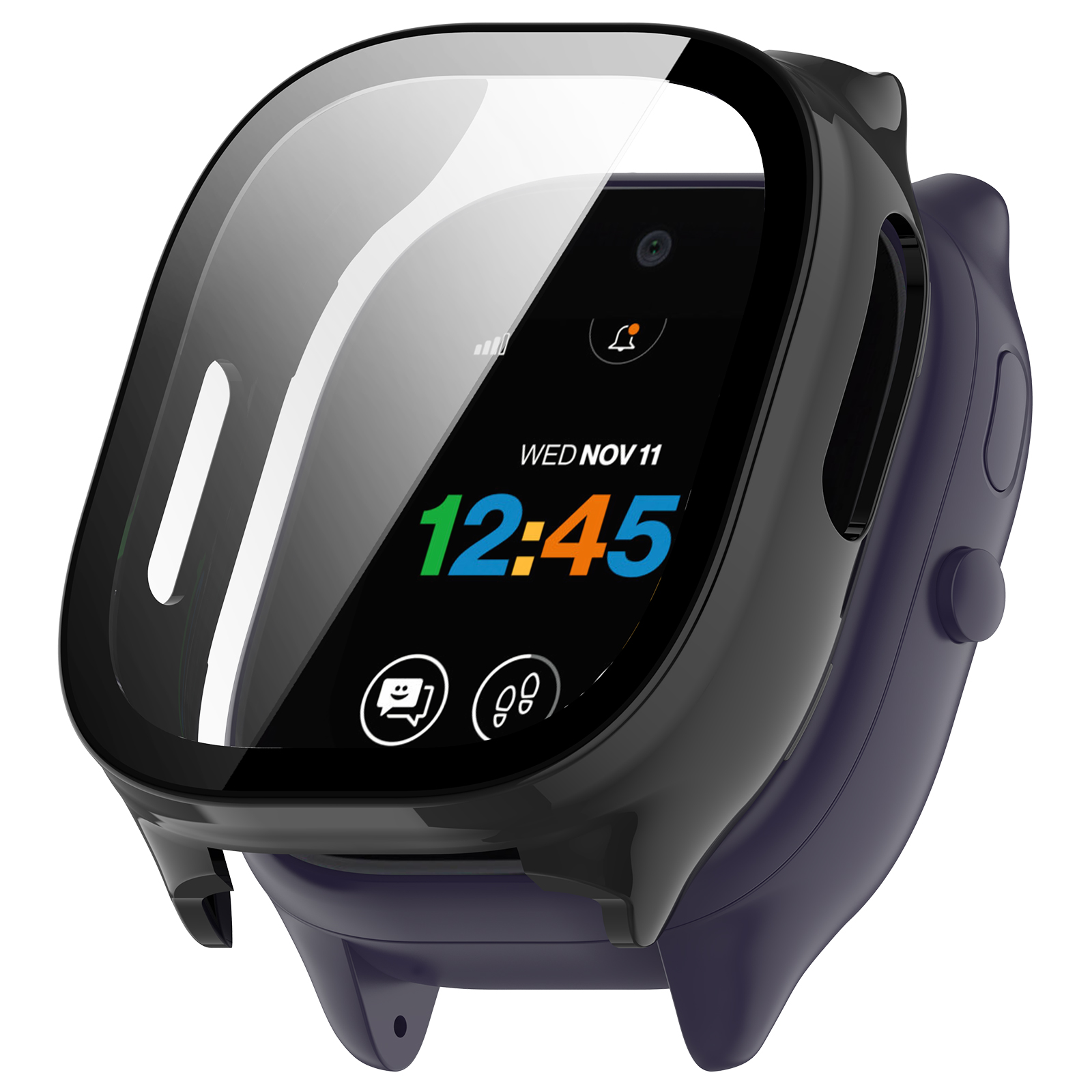 Uno smartwatch con schermo nero che mostra ora, data e icone. L'orologio ha una cassa blu scuro e una protezione schermo trasparente.