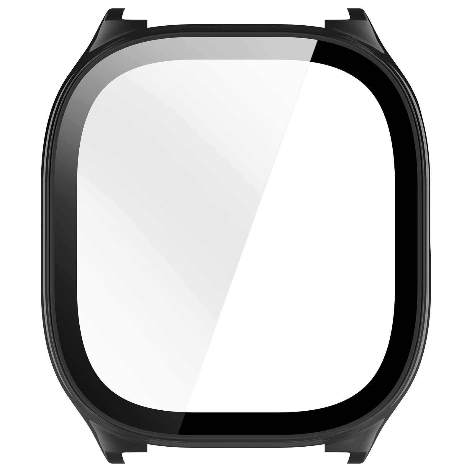 Un proteggi schermo nero per smartwatch. Ha una forma quadrata arrotondata con una superficie chiara e riflettente.