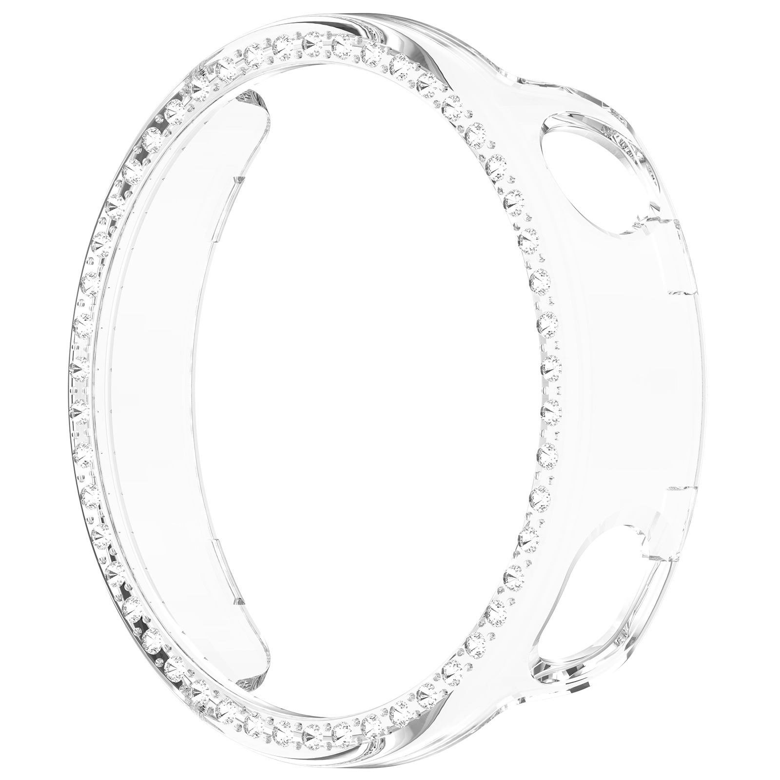 Custodia per orologio circolare trasparente. Ha un bordo tempestato di strass. La custodia è trasparente, su sfondo bianco.