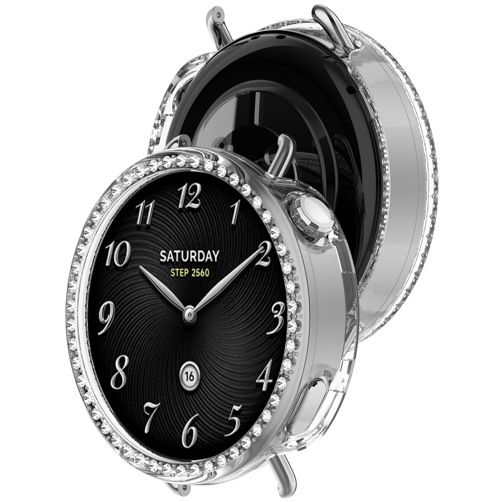 Uno smartwatch argentato con quadrante nero, adornato da diamanti, che indica l'ora. Lo sfondo è bianco.