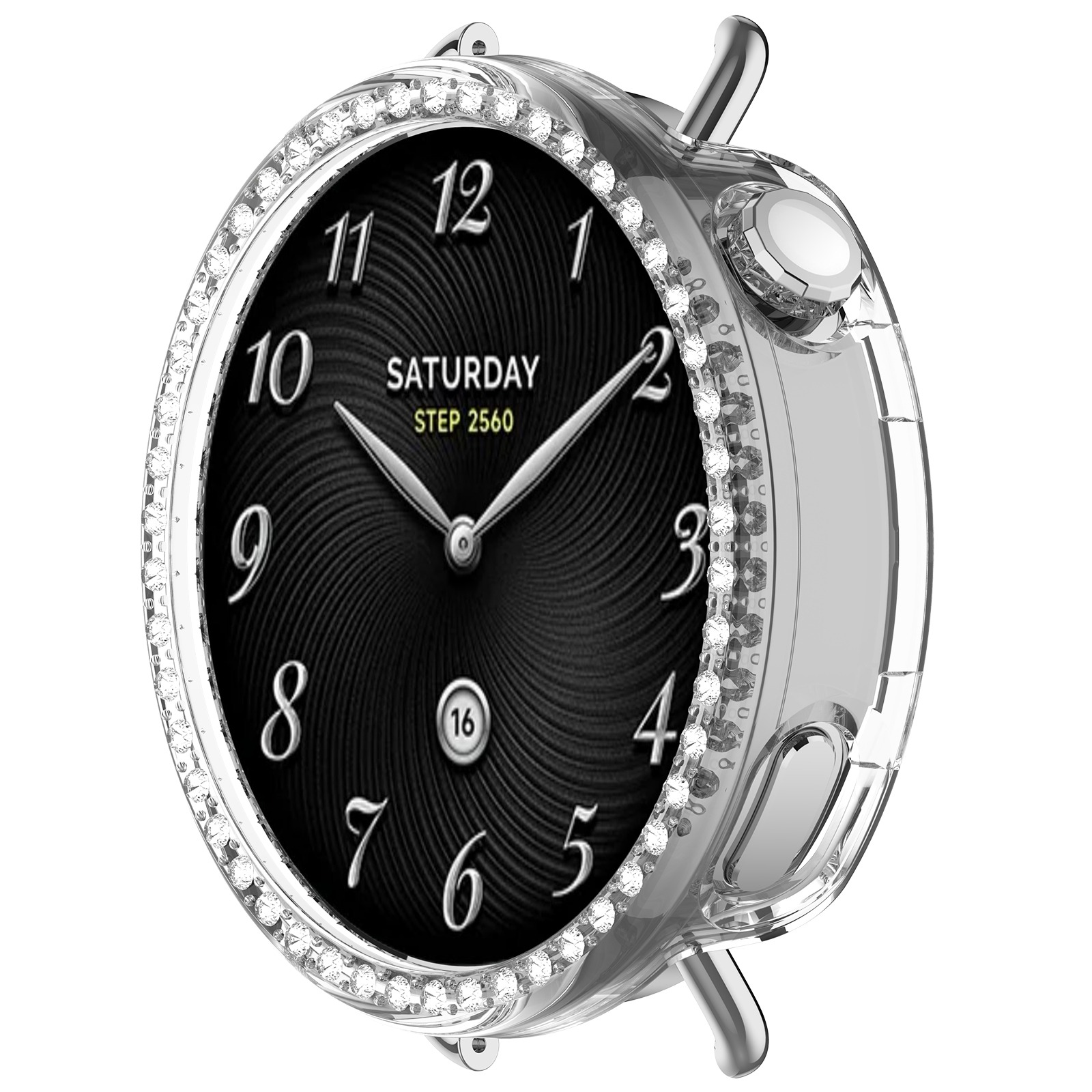 Un orologio da polso con quadrante nero, numeri bianchi e cassa trasparente. È bordato di diamanti.
