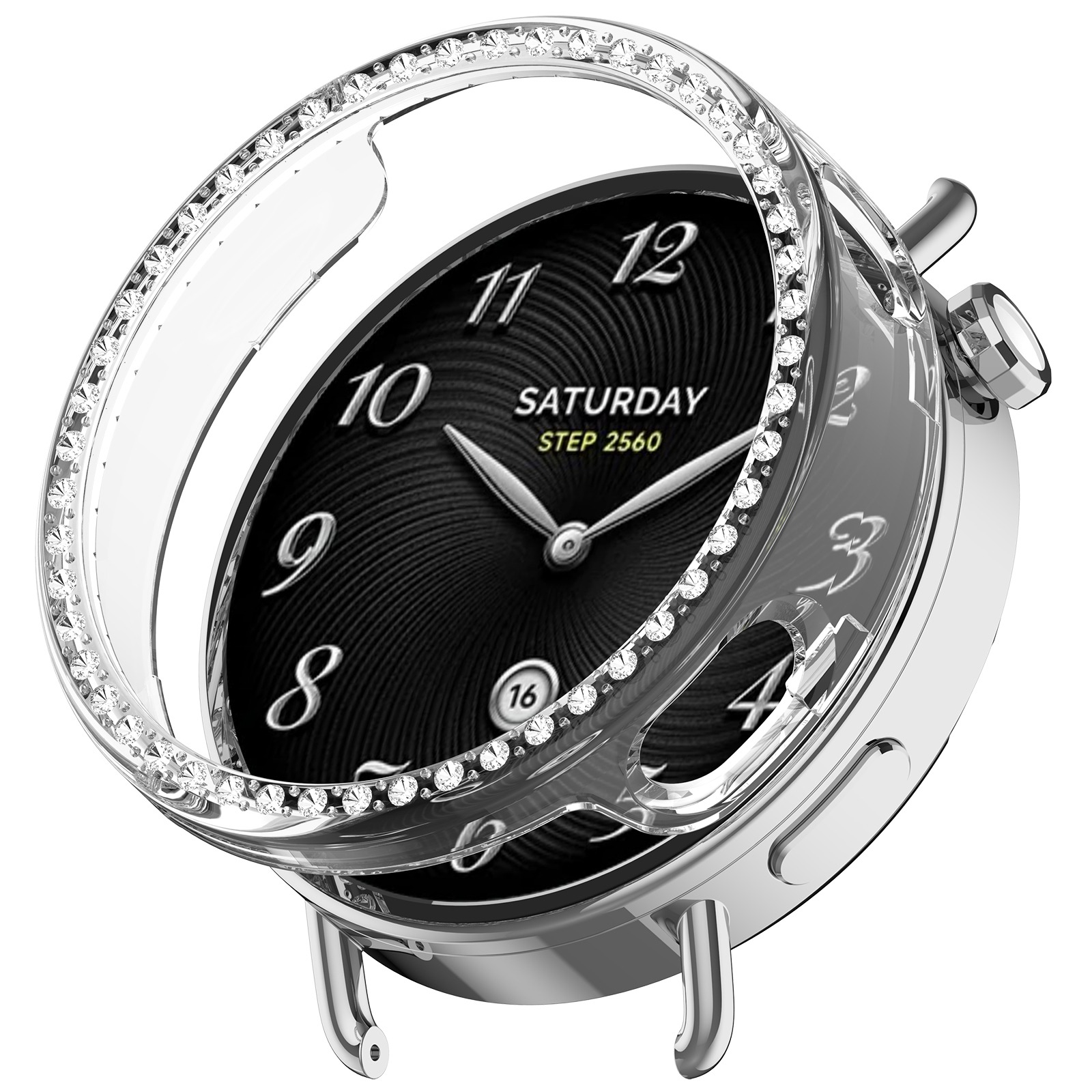 Un orologio di lusso con quadrante nero, lunetta di diamanti e lancette argentate. Mostra 'Sabato' e 'Passo 2560'.
