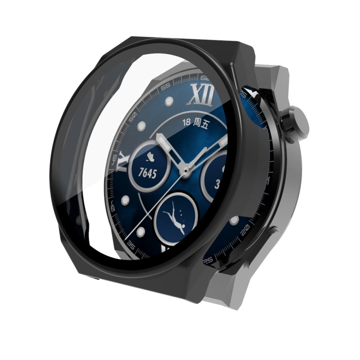 Nowoczesny smartwatch z ciemnoniebieską tarczą, czarną ramką i przezroczystym, zakrzywionym szkłem. Zawiera godzinę, datę i ikony aktywności.