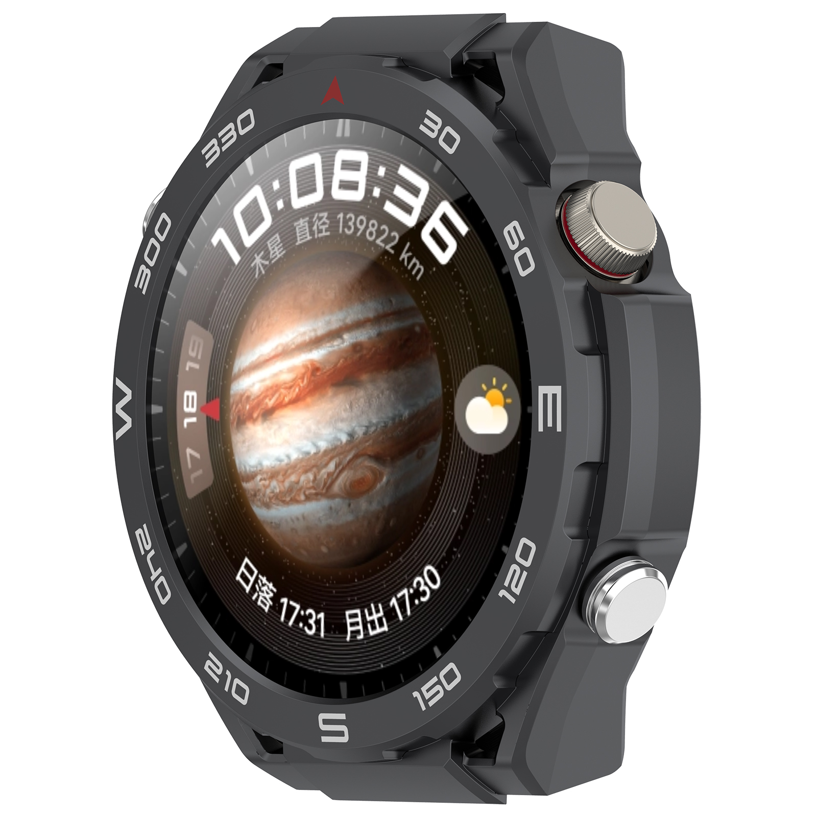 Uno smartwatch grigio scuro mostra un'immagine di Giove. Numeri e testo sulla lunetta. Ha due pulsanti e un cinturino nero.