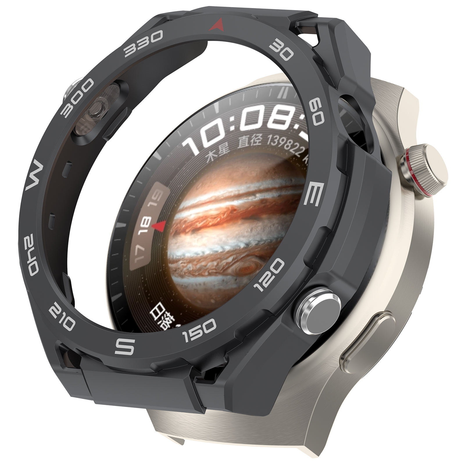 Uno smartwatch con display a tema Giove. L'orologio ha una lunetta nera con numeri, cassa argentata e un pulsante rosso.