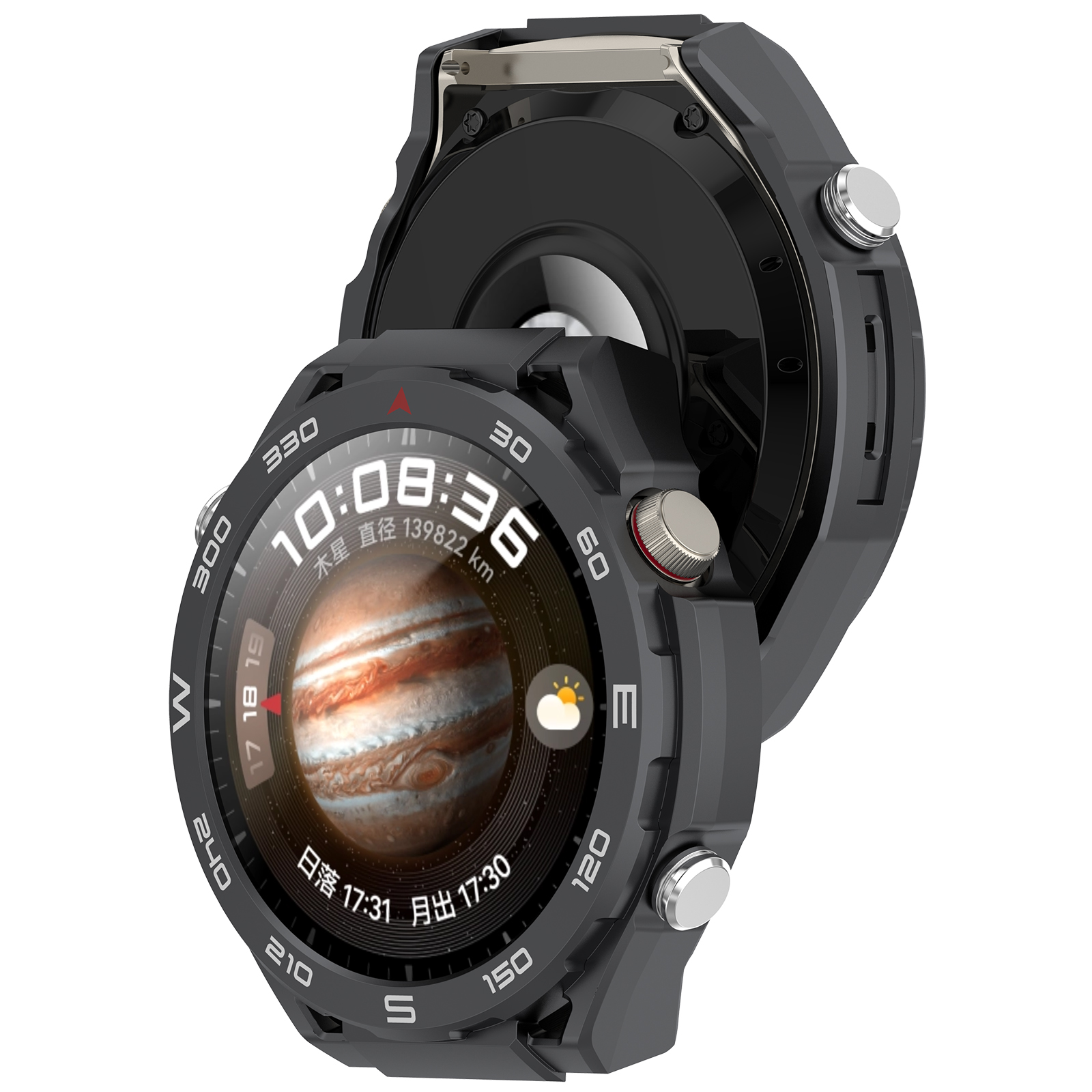 Uno smartwatch con schermo che mostra Giove. È nero con pulsanti argentati. L'ora è 10:08:36.