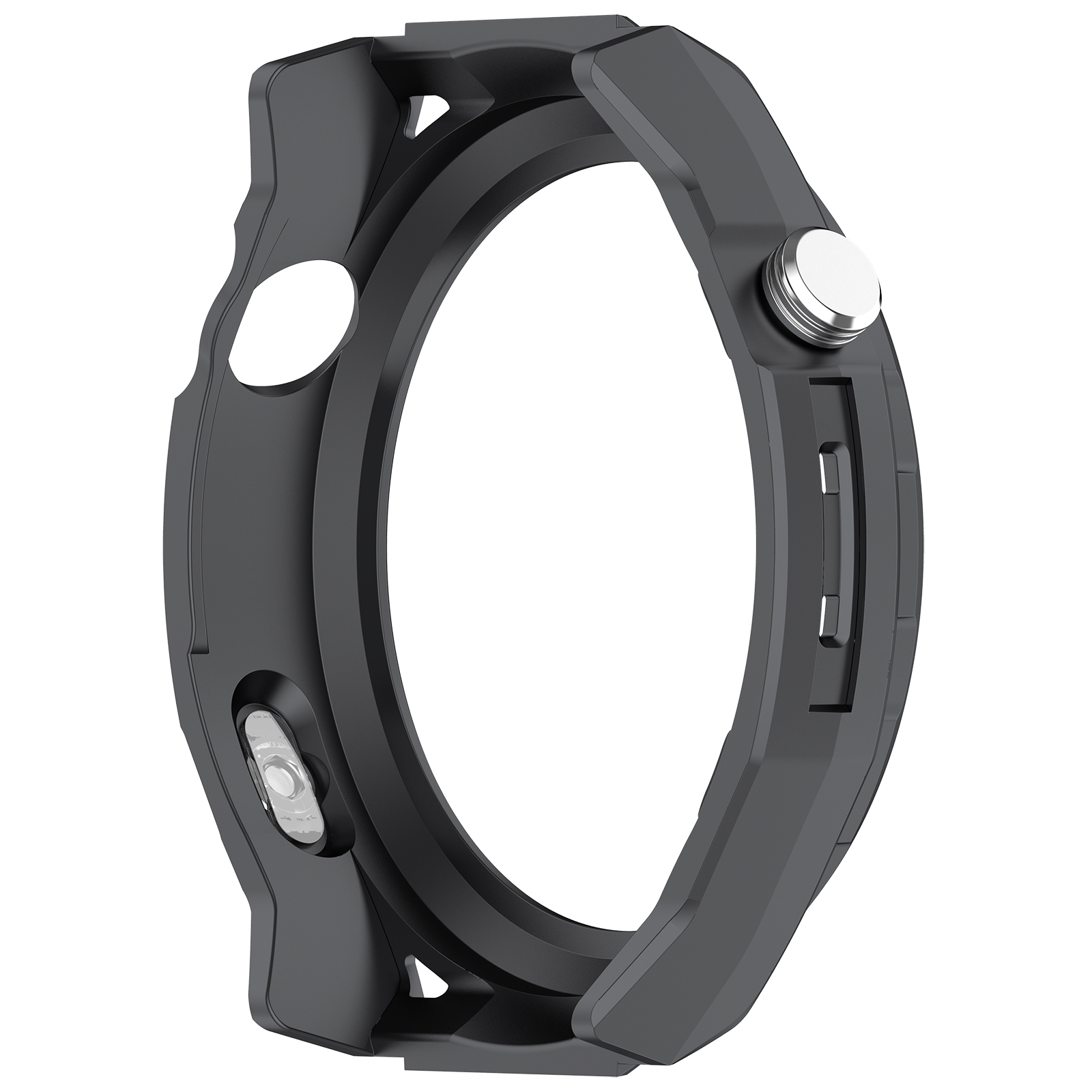 Una lunetta per orologio grigio scuro con un pulsante e uno sfondo bianco. Ha una forma circolare con aperture.