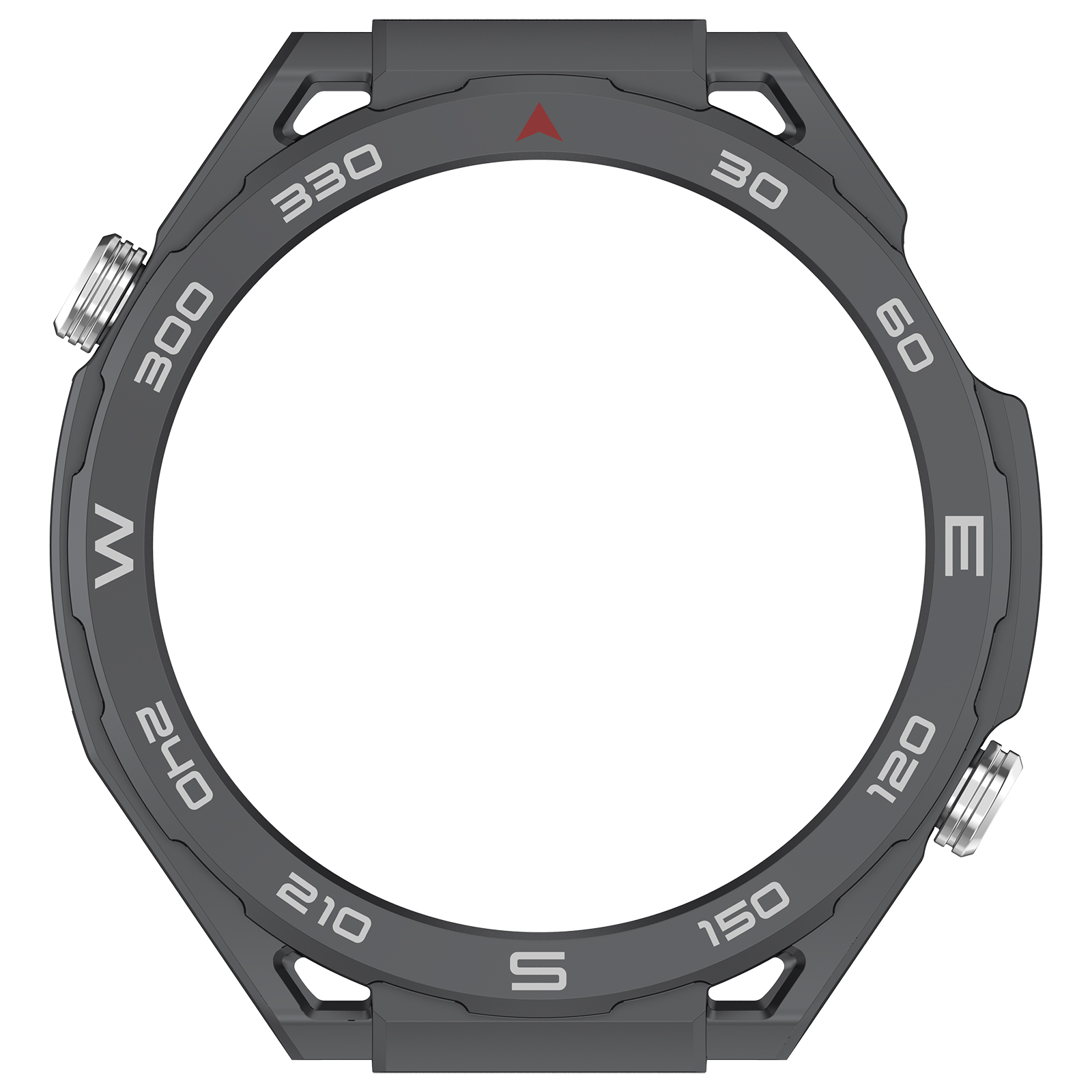 Ghiera dell'orologio grigio scuro con numeri e indicatori. Pulsanti argentati ai lati. Triangolo rosso in alto.