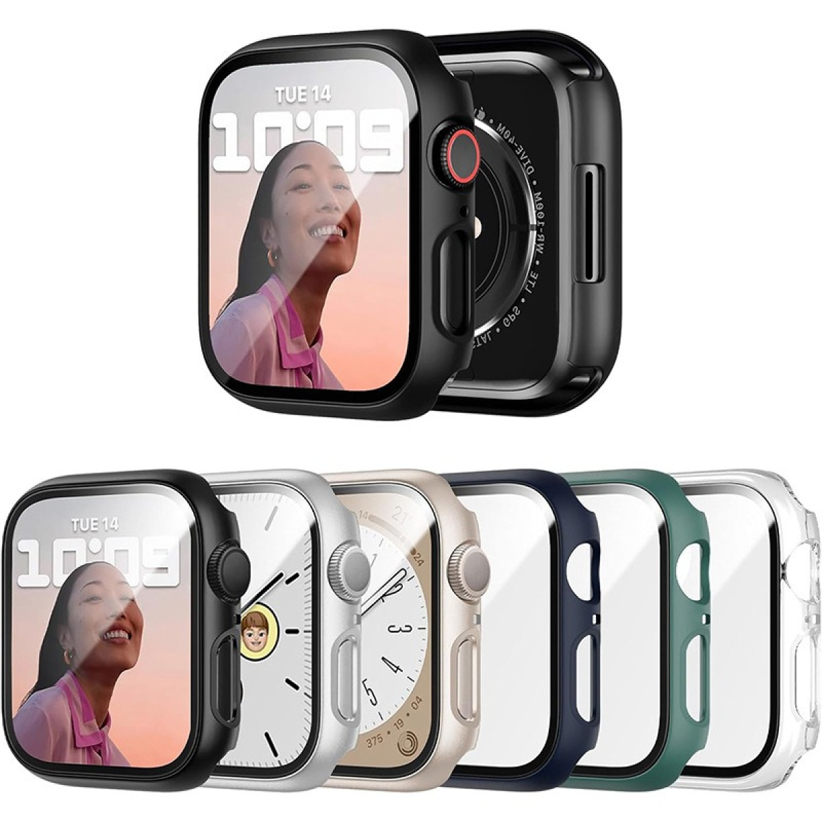 Sono esposte diverse custodie per Apple Watch di diversi colori. Alcune mostrano il quadrante, con una donna sorridente e la data.