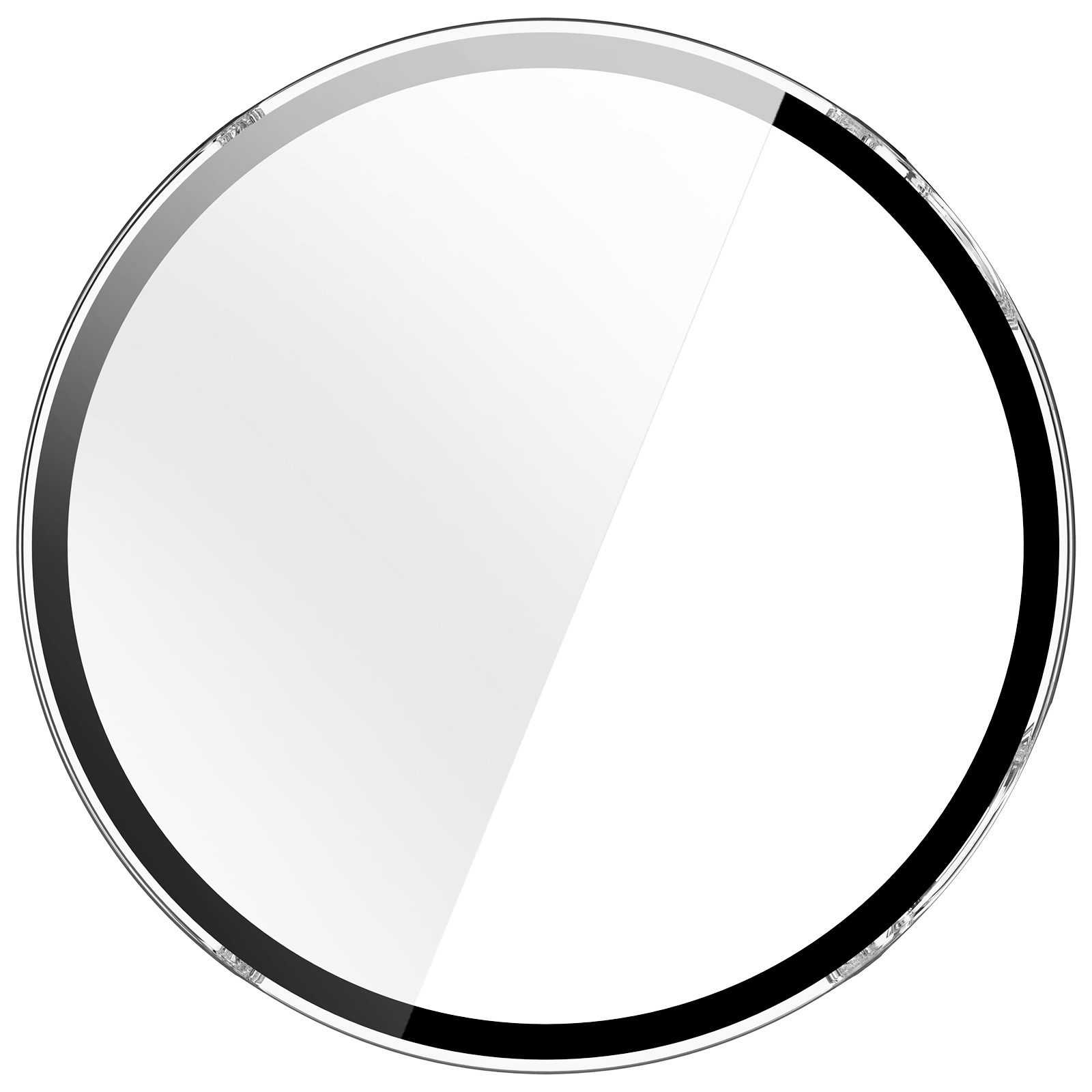 Design circolare. Un'area interna bianca è circondata da un anello nero e grigio. Del testo è visibile sull'anello.
