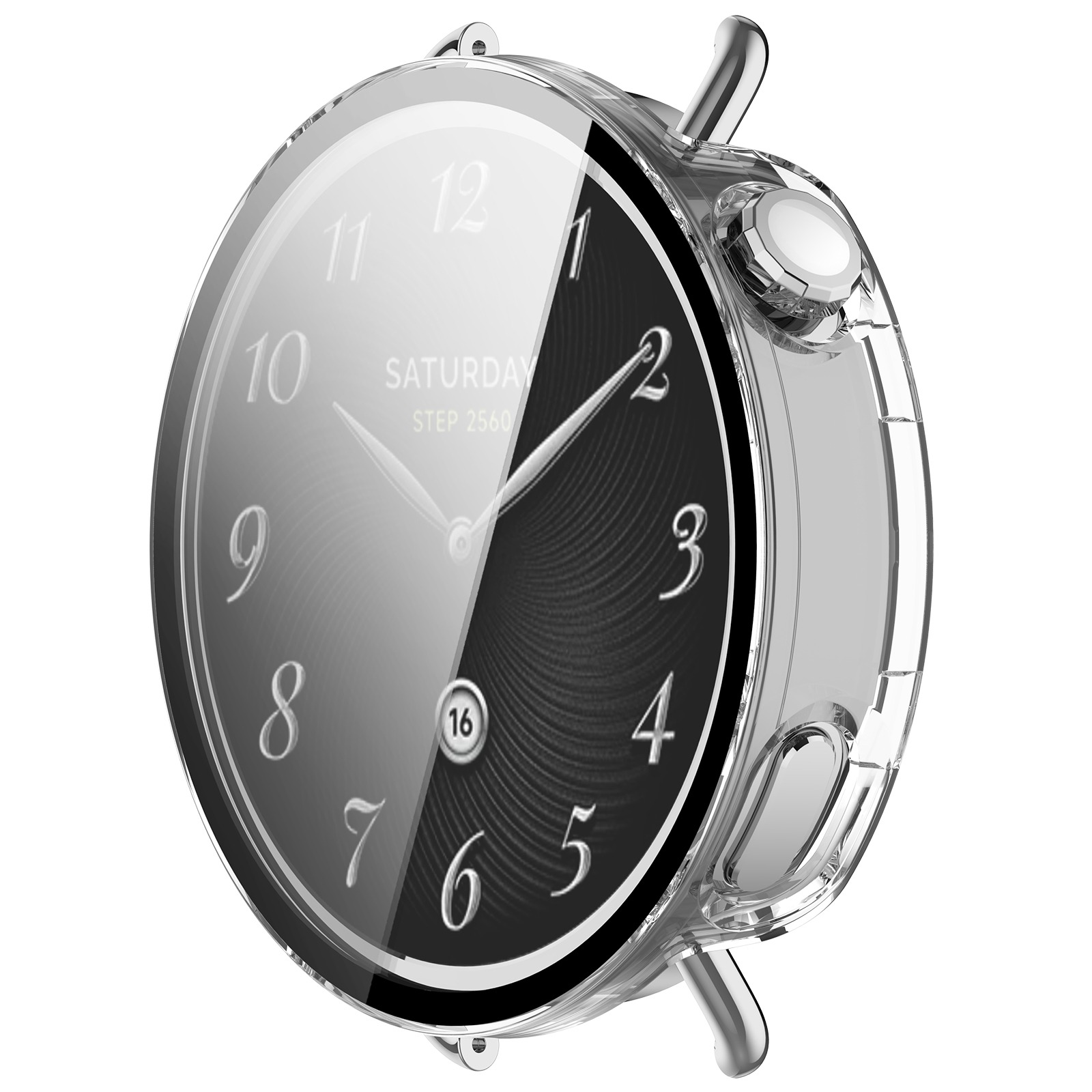Un orologio rotondo con quadrante nero e argento. Ha una cassa in plastica trasparente e dettagli argentati.