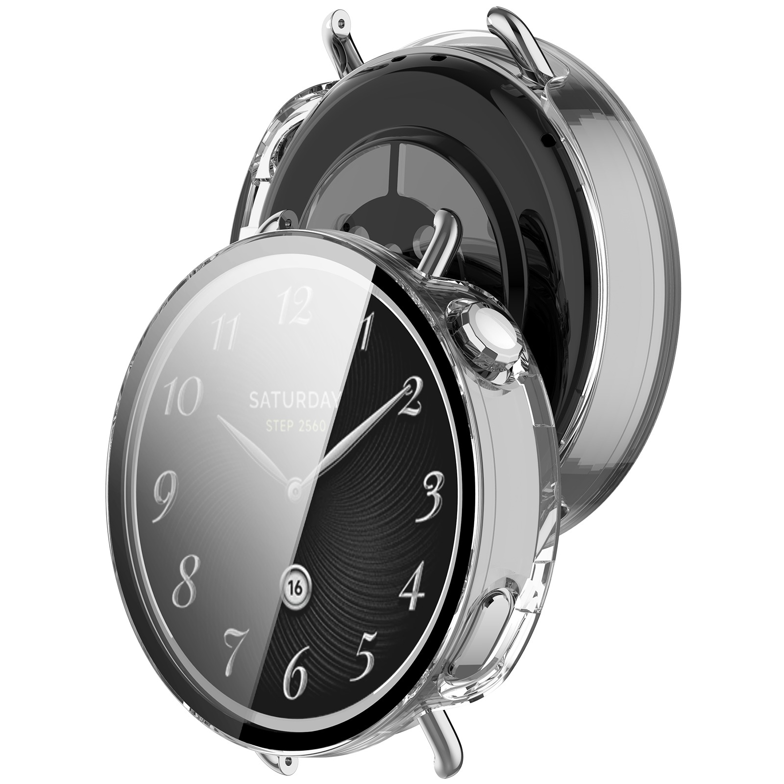 Primo piano di uno smartwatch elegante. Il quadrante è nero e argento e mostra l'ora e la data. Ha una cassa trasparente.