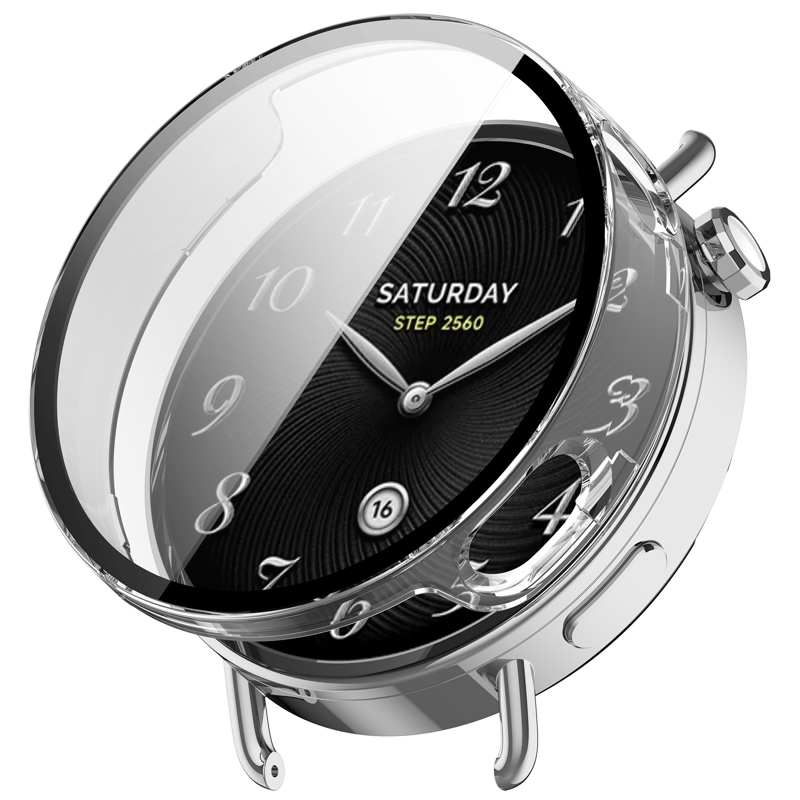 Un orologio da polso moderno. Quadrante nero con lancette e numeri argentati. Mostra sabato, contapassi e data.