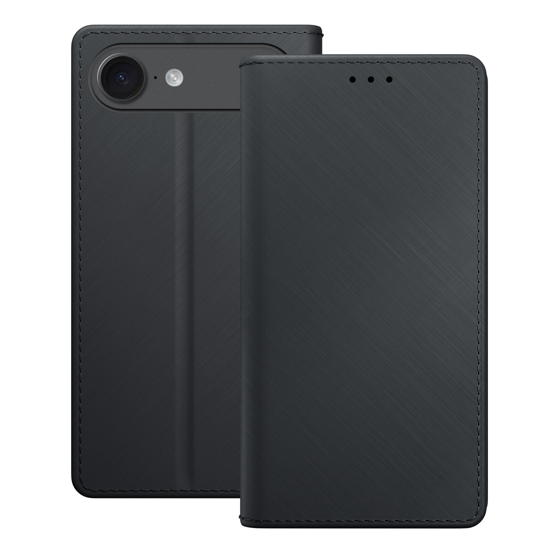 Czarne etui na telefon. Jedna strona otwarta z widoczną kamerą, druga zamknięta z trzema małymi otworami.