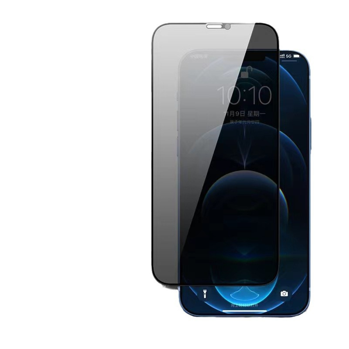 Ein Smartphone mit Displayschutz. Die Uhrzeit 10:10 wird angezeigt. Der Displayschutz ist grau und das Telefon blau.