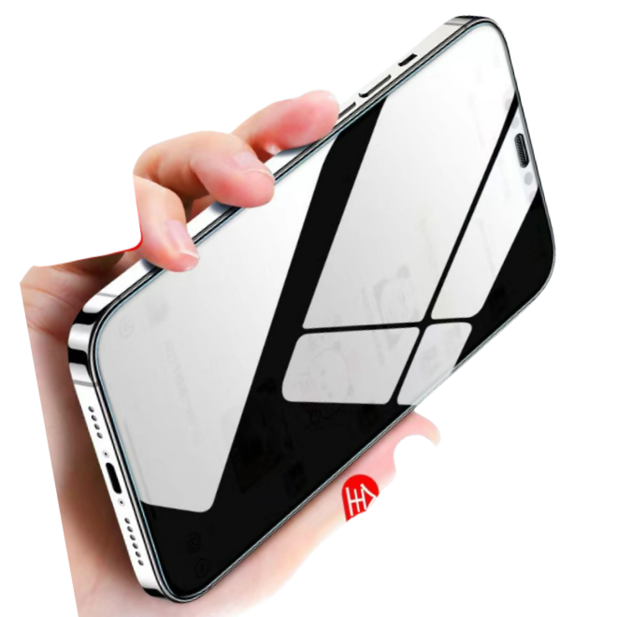 Eine Hand hält ein silbernes Telefon. Der Bildschirm des Telefons reflektiert Licht. Die Hand hat ein rotes Symbol am kleinen Finger.
