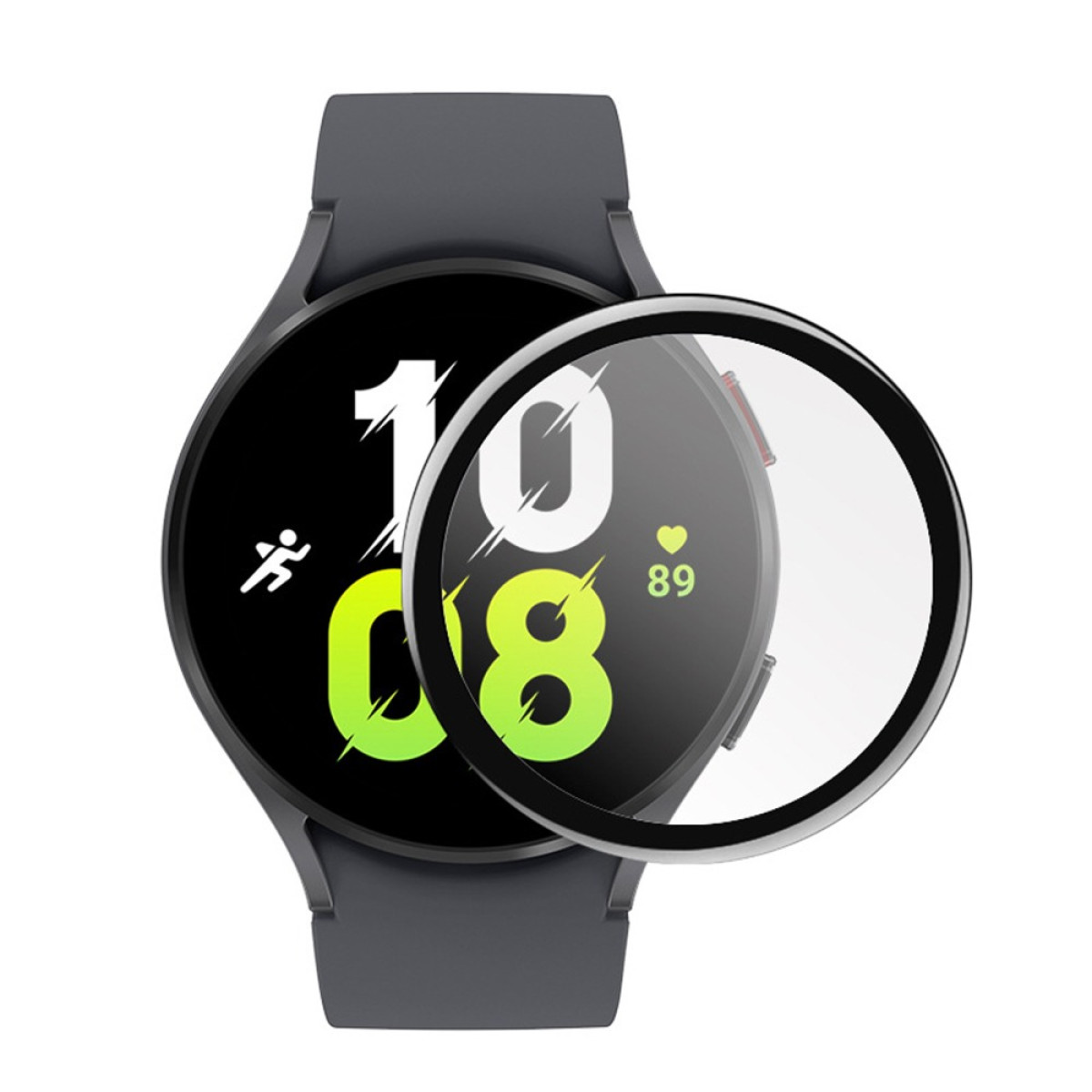 Eine Smartwatch mit Displayschutzfolie. Die Uhr zeigt die Uhrzeit und hat ein Fitness-Symbol. Der Displayschutz ist klar.