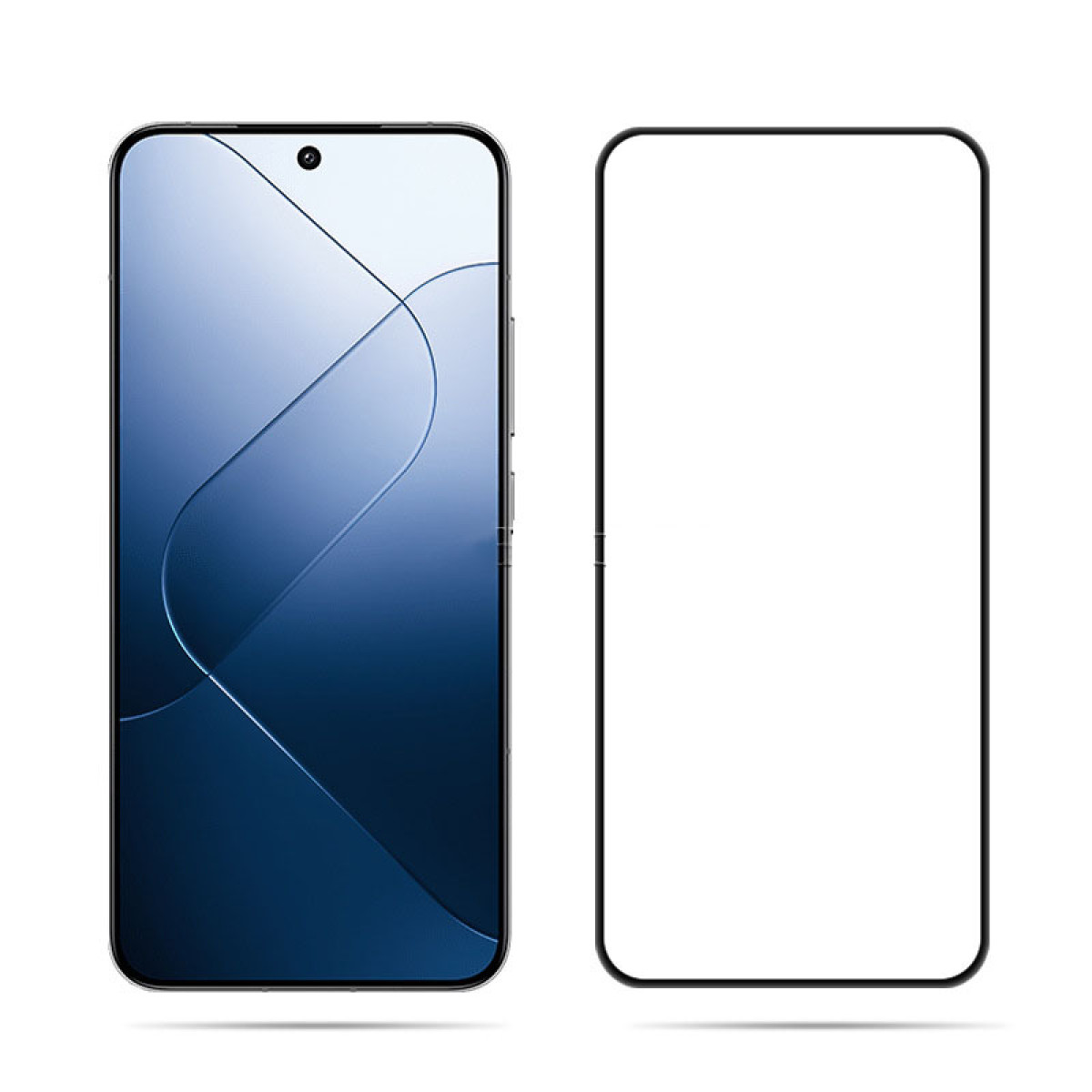 Due smartphone. Uno mostra una sfumatura blu con linee, l'altro uno schermo bianco. Entrambi hanno bordi neri e una fotocamera.