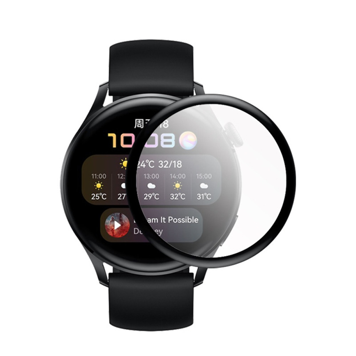 Eine schwarze Smartwatch zeigt Zeit, Temperatur und Wettersymbole. Ein Schutzbildschirm bedeckt das Zifferblatt.