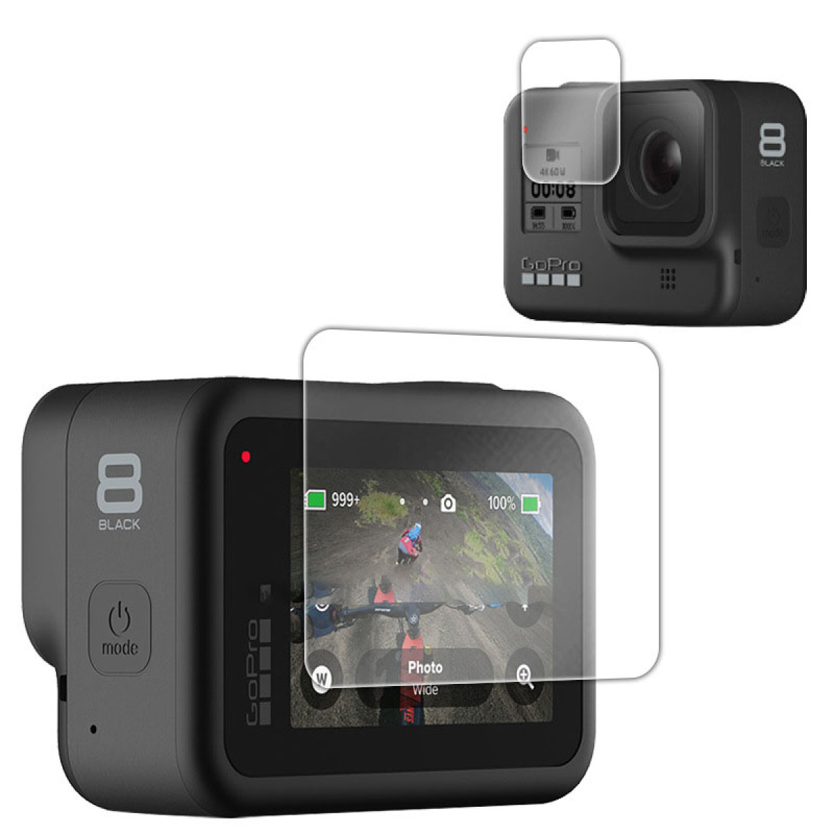 Due fotocamere GoPro 8 Black. Una mostra un video, l'altra le impostazioni. Entrambe sono nere con loghi e schermi visibili.