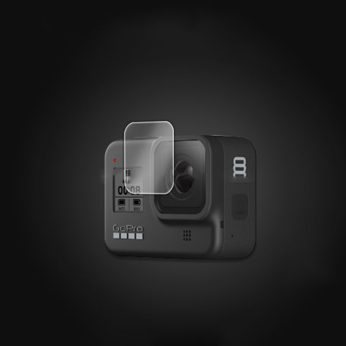 Una fotocamera GoPro nera con schermo protettivo su sfondo scuro. Lo schermo mostra dati e il logo GoPro è visibile.