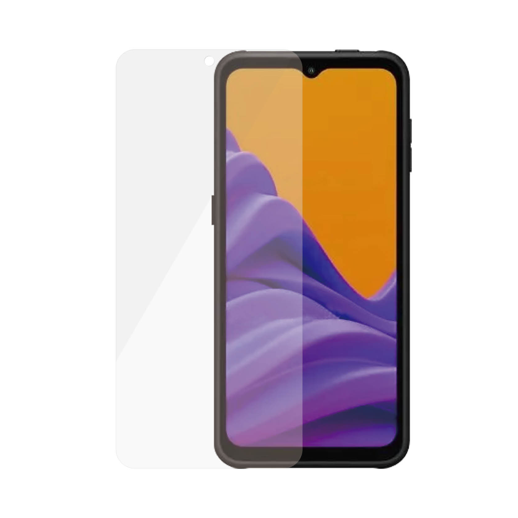 Uno smartphone con protezione schermo. Lo schermo mostra arte astratta viola e arancione. È presente uno sfondo bianco.