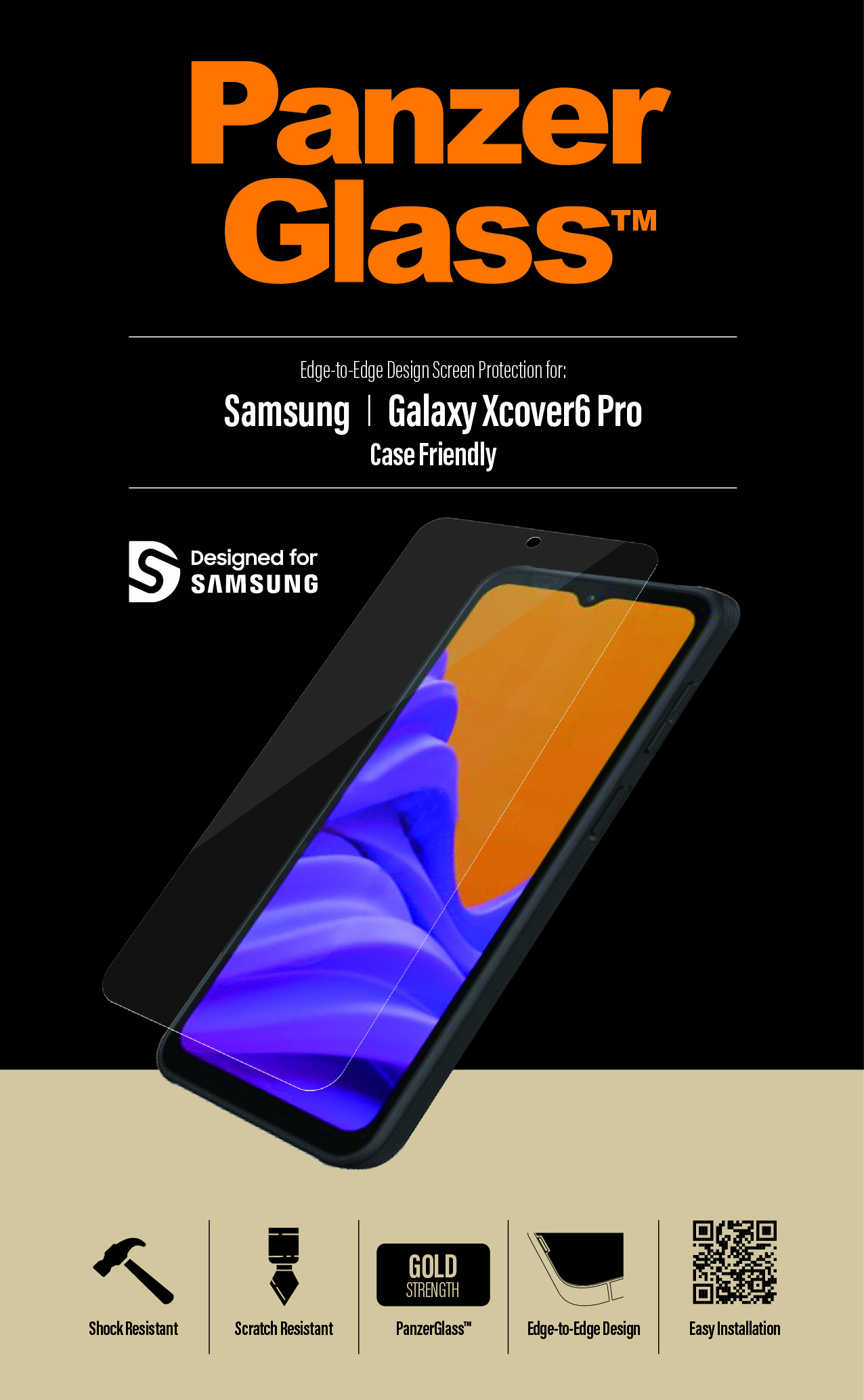 Sfondo nero. Protezione schermo Panzer Glass per Samsung Galaxy Xcover6 Pro. Resistente agli urti e facile da installare.
