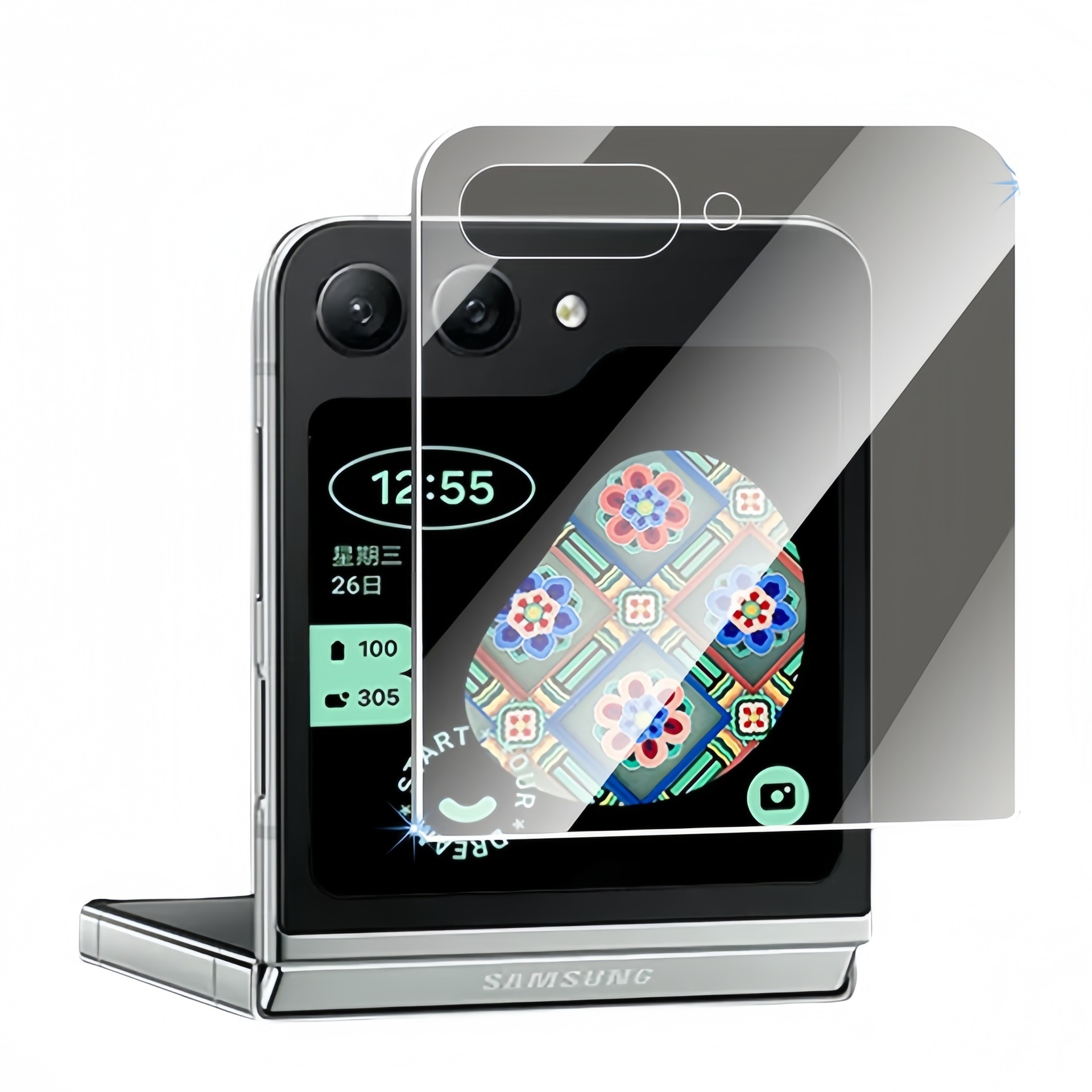 Un telefono pieghevole Samsung con protezione schermo. Lo schermo mostra ora, data e un motivo colorato.