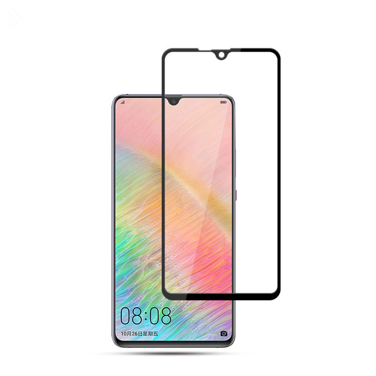 Uno smartphone con una protezione schermo posizionata accanto. Lo schermo mostra l'ora e la data. La protezione è nera.