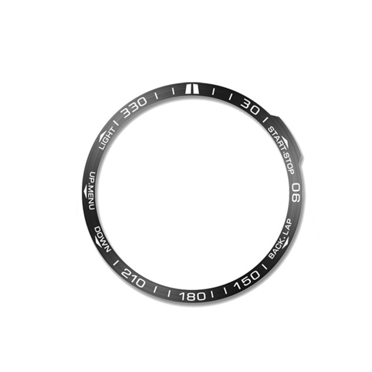 Una lunetta nera con testo e segni bianchi. Include 'LIGHT', 'UP.MENU', numeri e 'START-STOP'.