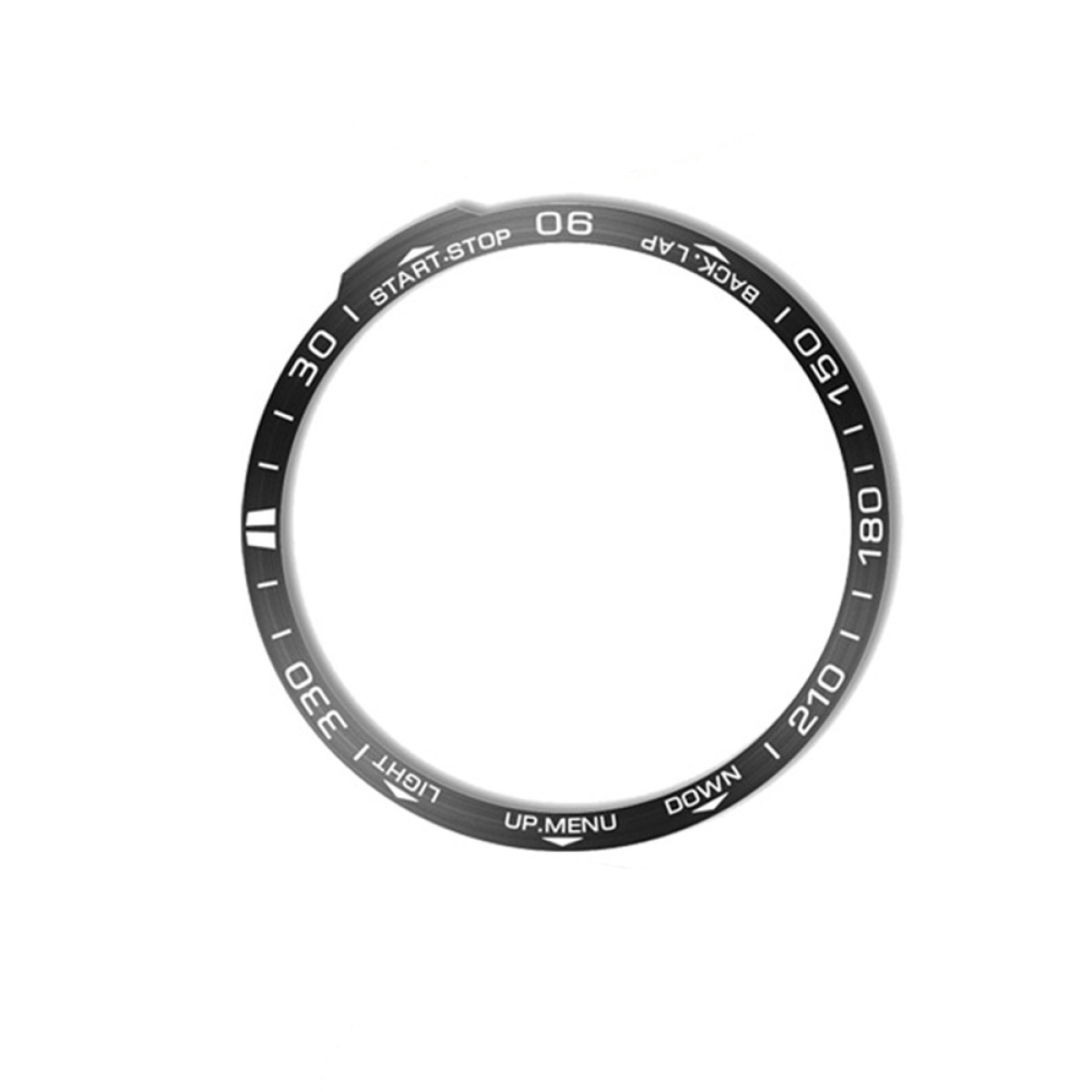 Una lunetta nera per orologio con segni e testo bianchi. Include numeri e parole come 'Start-Stop', 'Light' e 'Down'.