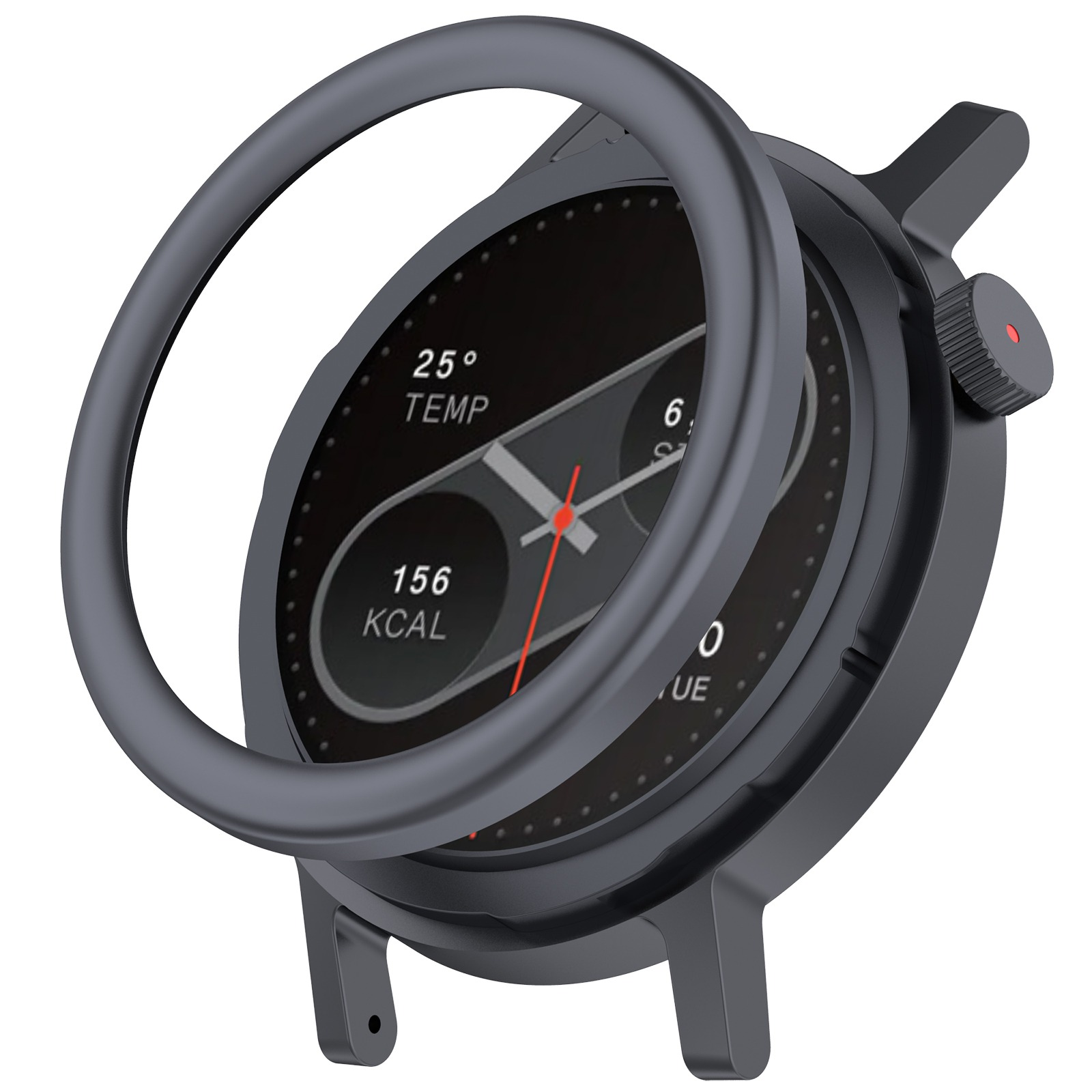 Un reloj inteligente gris oscuro muestra hora, temperatura y kcal en pantalla negra. Una aguja roja señala la hora.