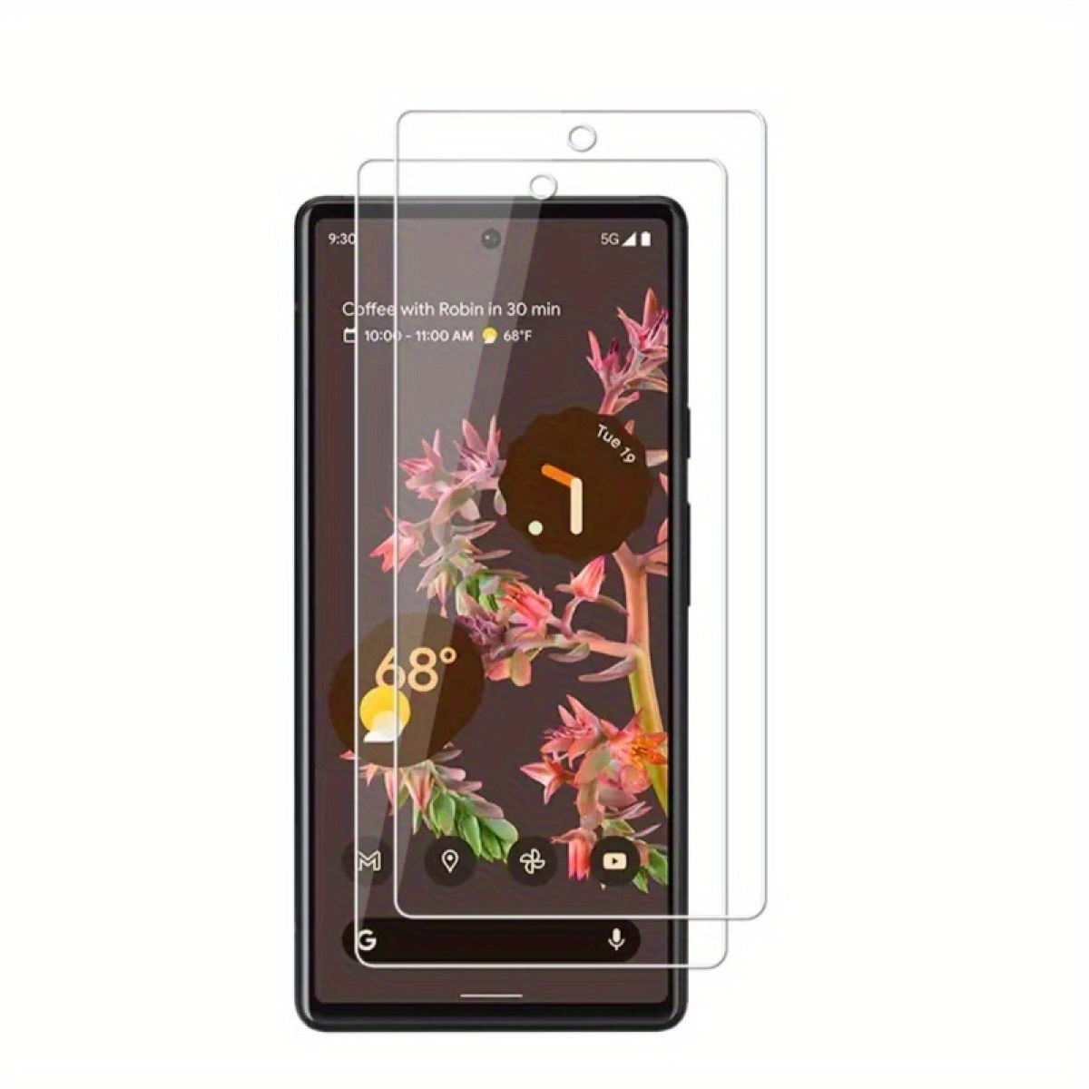 Uno smartphone con protezione schermo che mostra uno sfondo floreale. Lo schermo mostra l'ora, il meteo e le icone delle app. Uno sfondo bianco.