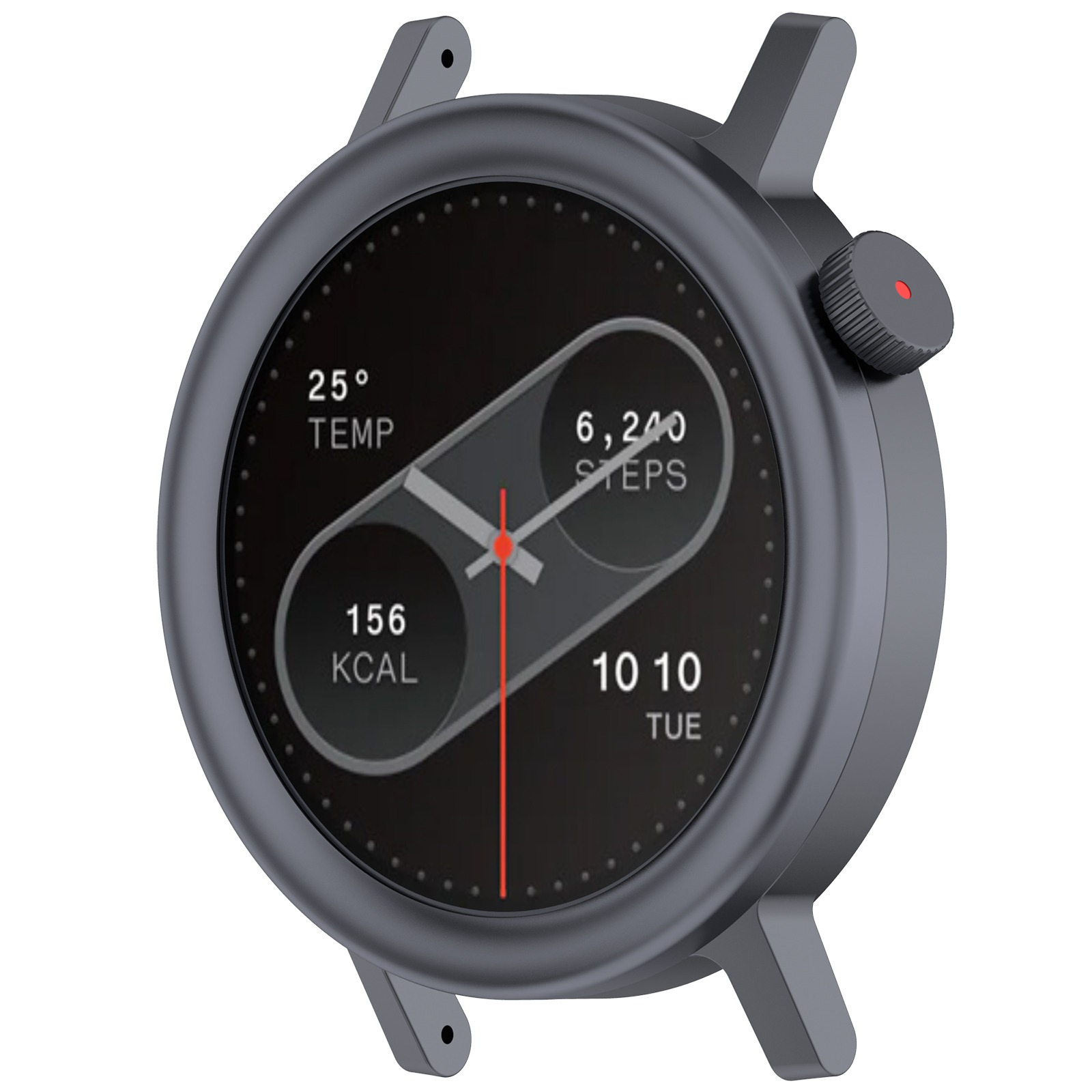 Un reloj inteligente gris oscuro muestra la hora, los pasos y la temperatura. Tiene un segundero rojo y un botón lateral con un punto rojo.