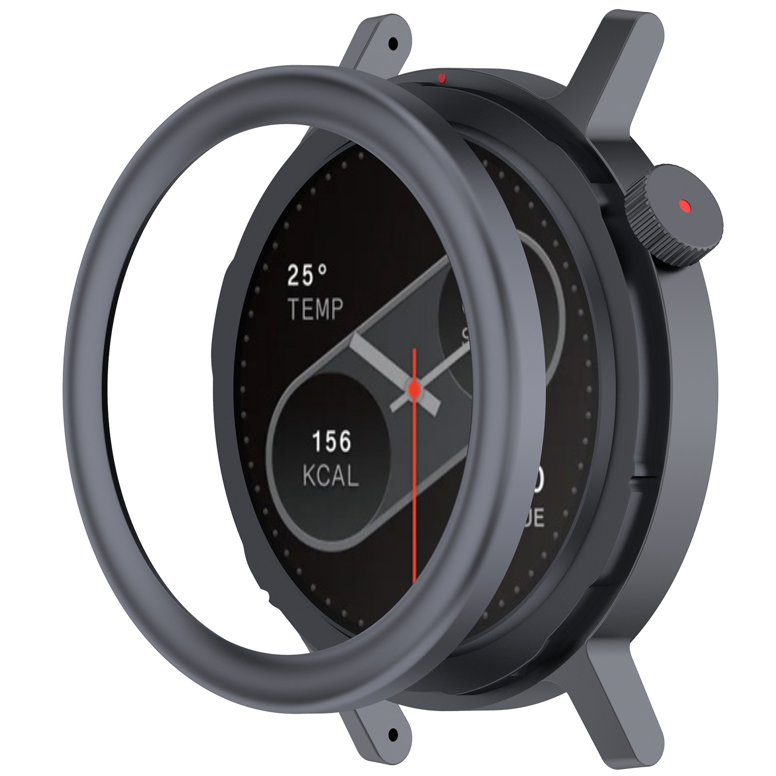 Un reloj inteligente gris oscuro con pantalla negra que muestra temperatura y calorías. Un botón rojo es visible.