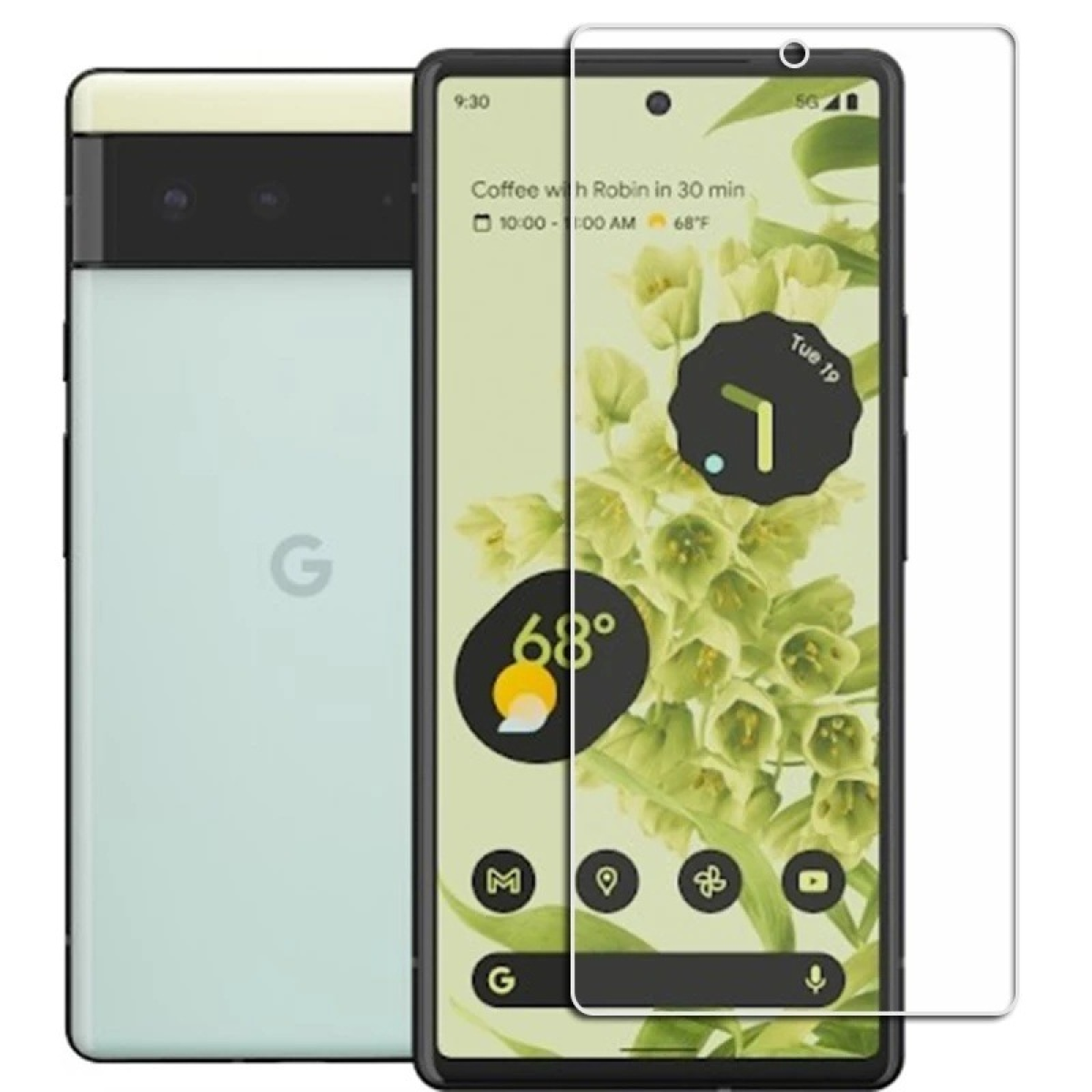 Un telefono Google Pixel verde menta con protezione schermo. Lo schermo mostra l'ora, il meteo e le icone delle app. Il telefono è su sfondo bianco.