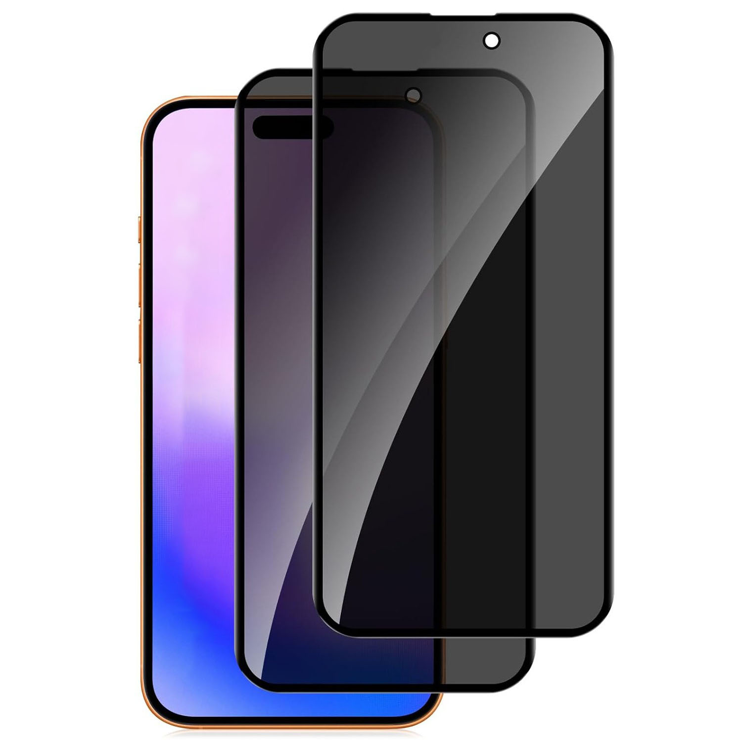 Tre smartphone. Il primo è oro con schermo viola, il secondo grigio scuro e il terzo è un proteggi schermo nero.