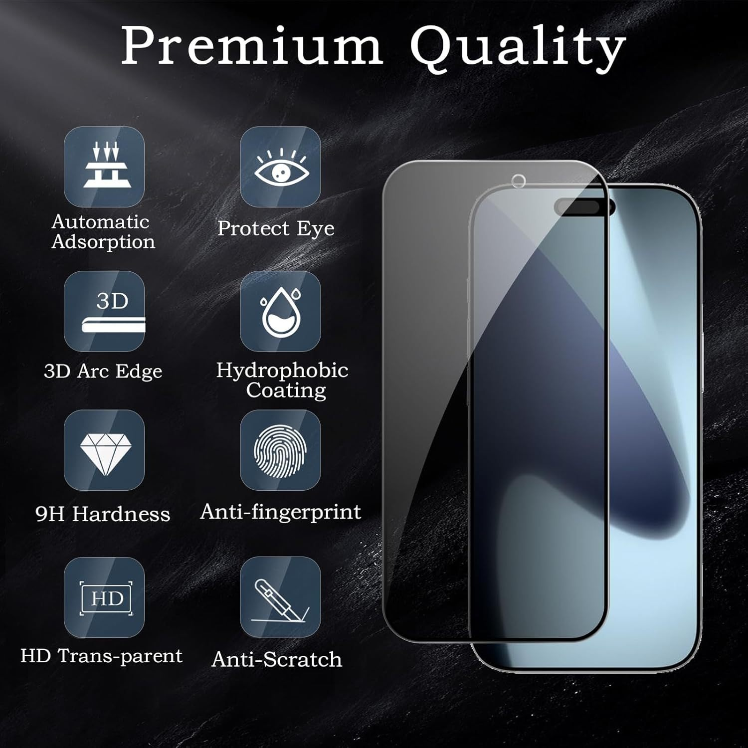 L'immagine mostra una protezione schermo per telefono con caratteristiche come durezza 9H, anti-impronta e trasparenza HD. Testo: 'Premium Quality'.