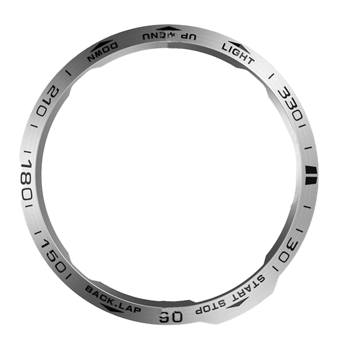 Eine silberne Lünette mit schwarzem Text. Der Text enthält 'LIGHT', 'UP MENU', Zahlen und Funktionen wie 'START STOP' und 'BACK.LAP'.