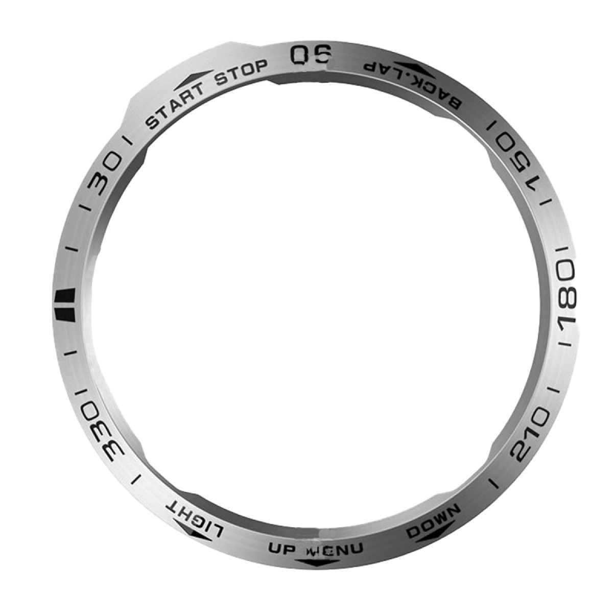 Eine silberne Lünette mit Text: Start Stop, Back Lap, Light, Up Menu und Down. Zahlen 05, 130, 150, 180 und 210 sind sichtbar.