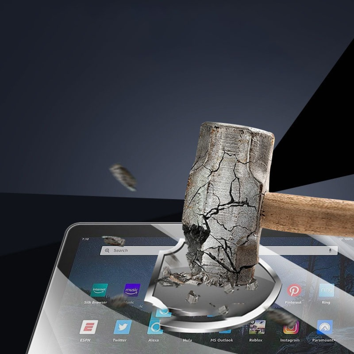 Un martello colpisce un tablet, frantumando lo schermo. Varie icone di app sono visibili sullo schermo.