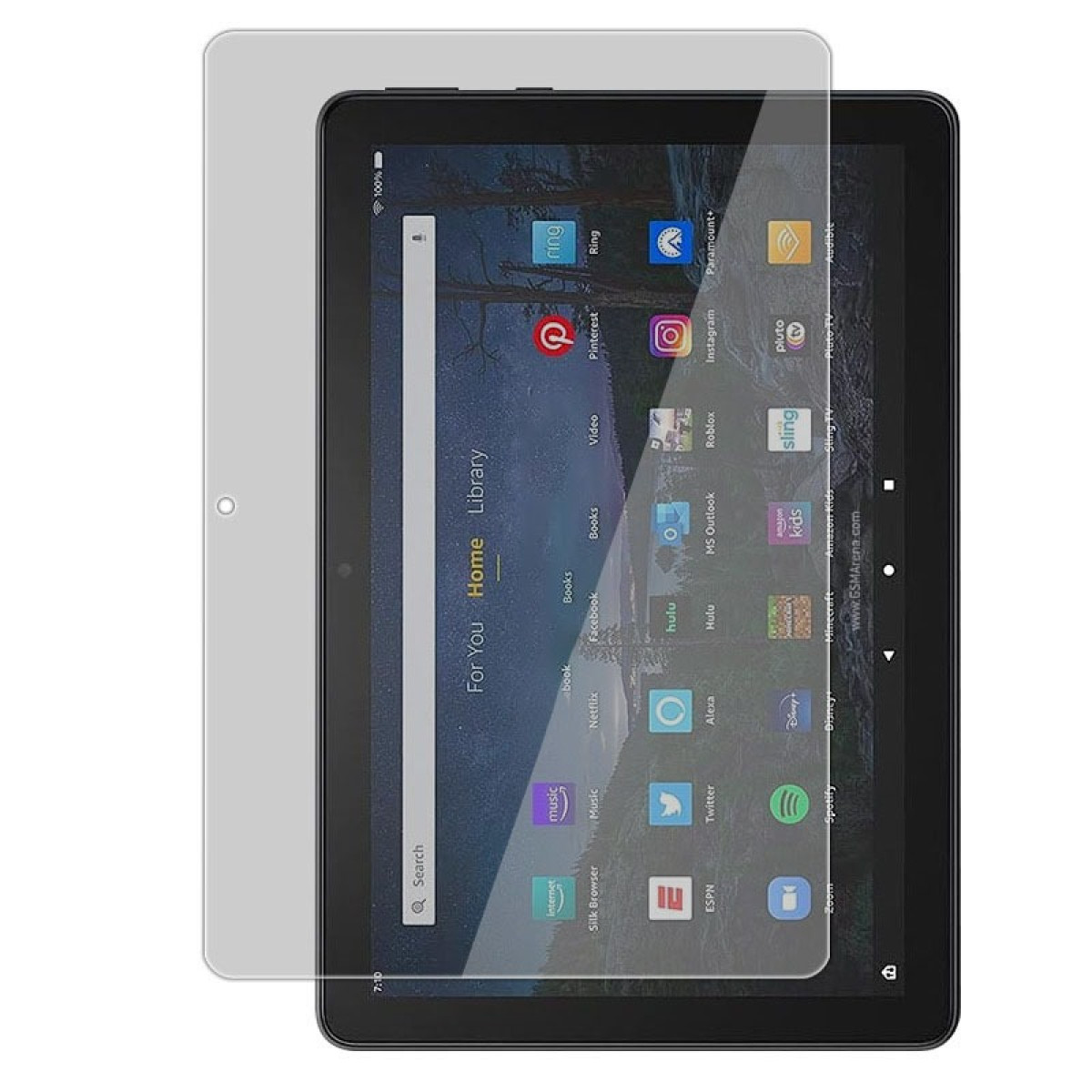 Un tablet con una protezione schermo che mostra le icone delle app. Lo schermo mostra app come Netflix, Pinterest e Spotify.