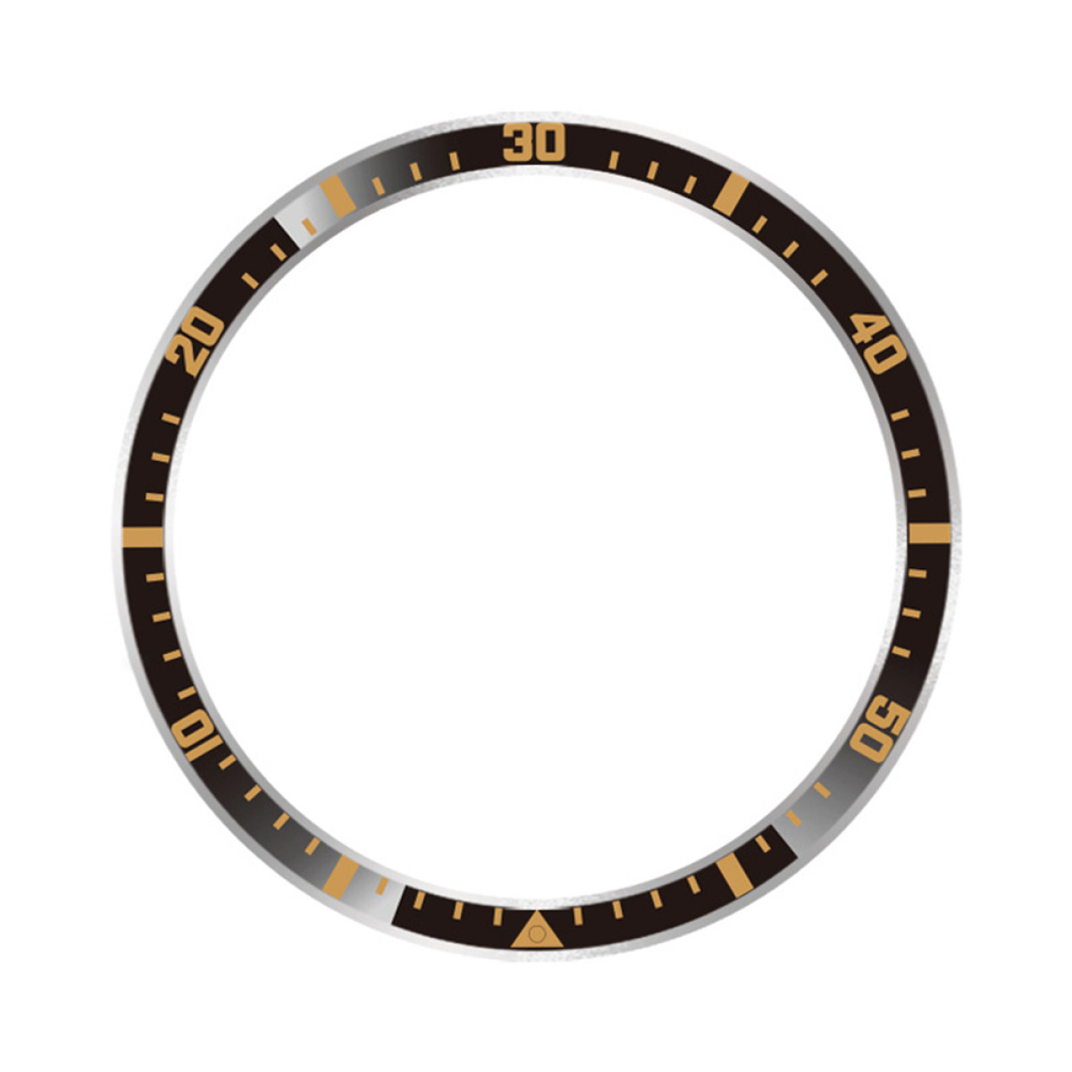 Ein Uhrenlünettenring mit den Zahlen 20, 30, 40 und 50. Der Ring ist schwarz mit goldenen Markierungen und Zahlen. Weißer Hintergrund.
