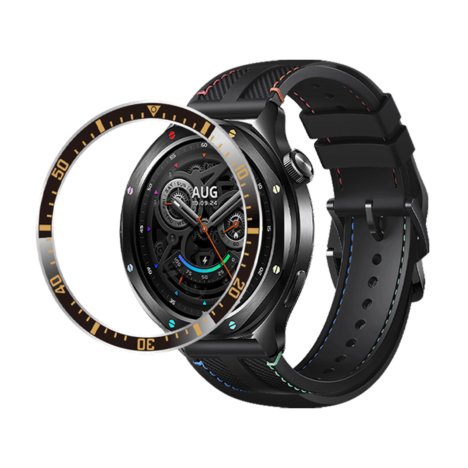 Eine schwarze Smartwatch mit rundem Zifferblatt, schwarzem Armband und einer drehbaren Lünette.
