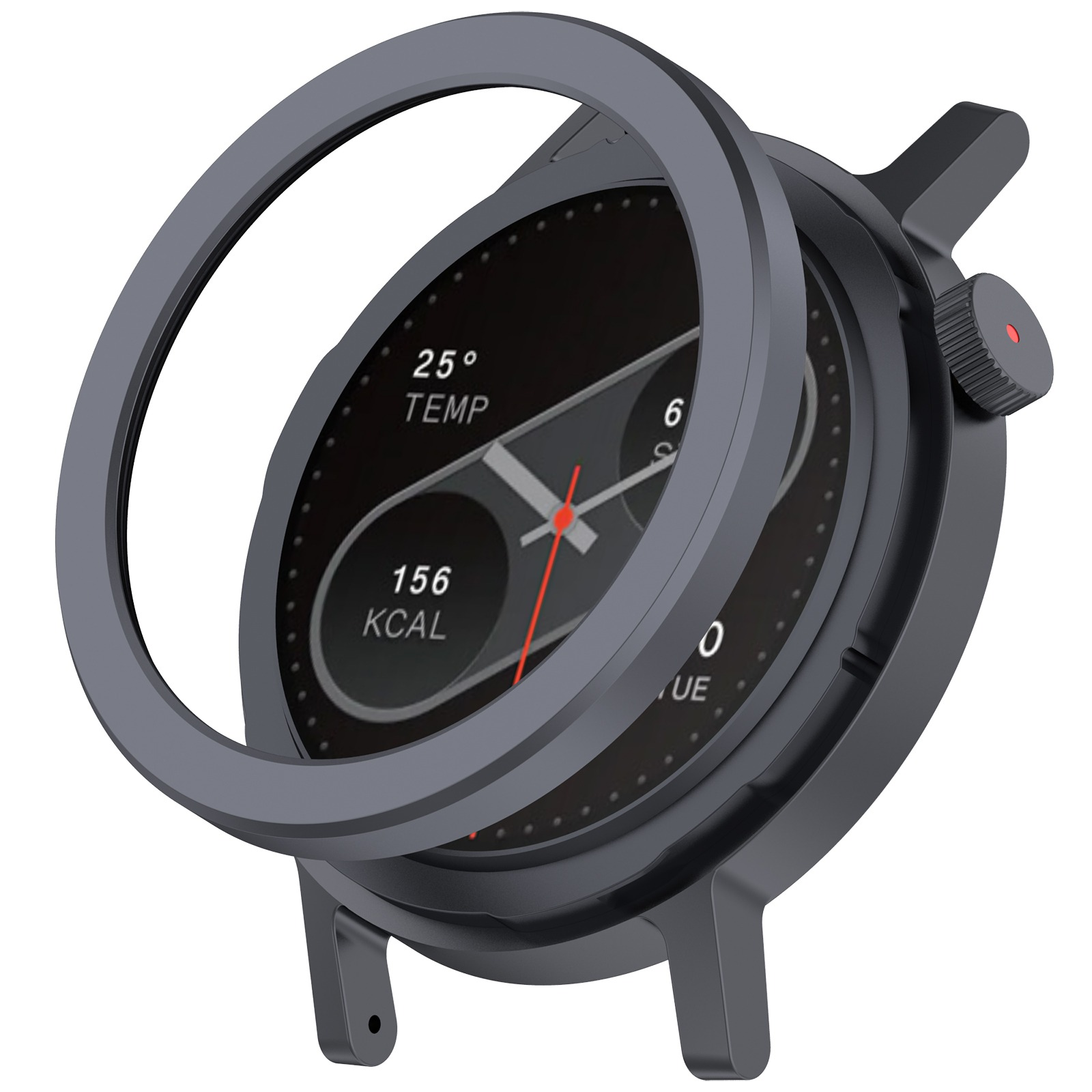 Smartwatch grigio scuro con schermo nero che mostra temperatura e calorie, con lunetta girevole.
