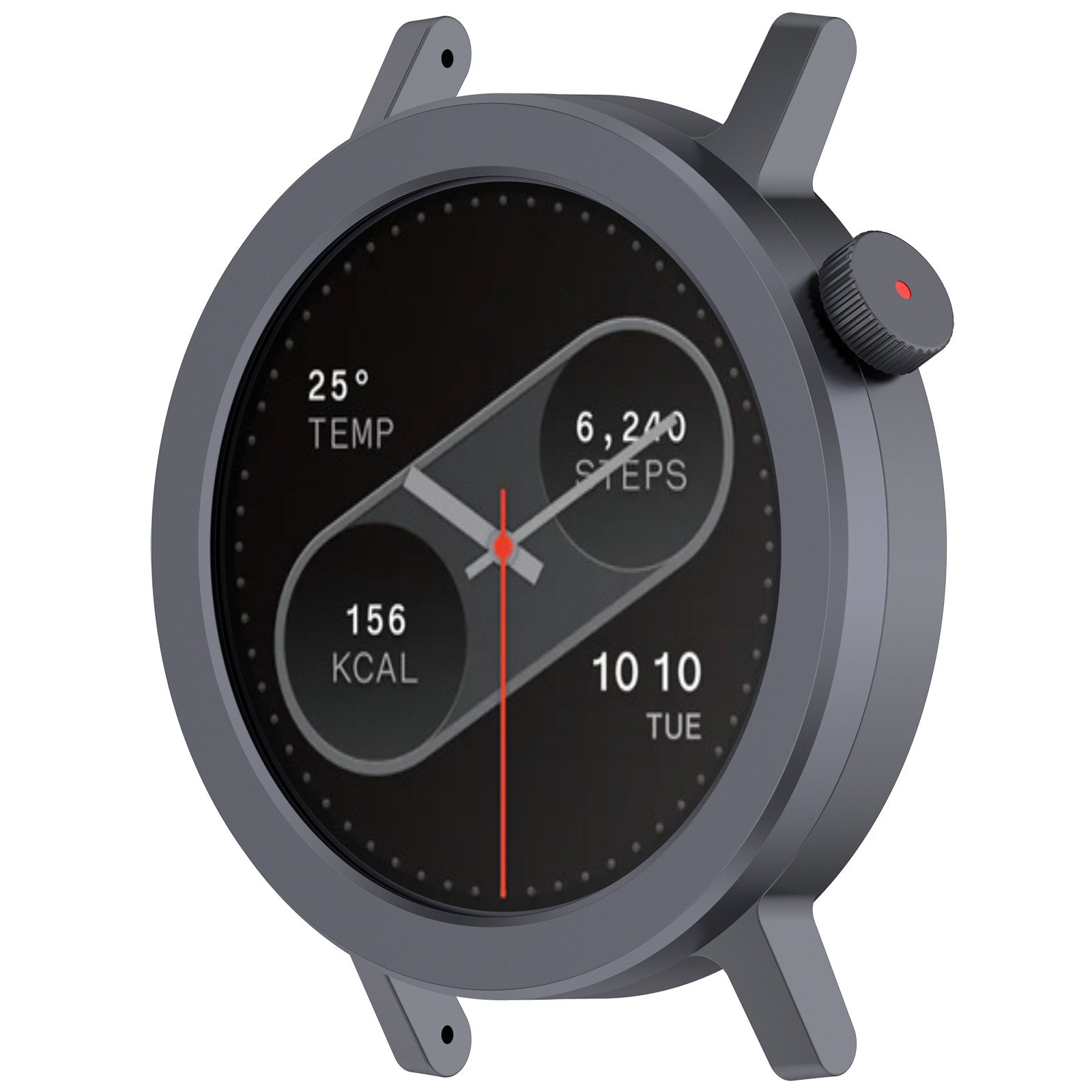 Uno smartwatch grigio mostra ora, temperatura, passi e calorie. Ha una lancetta dei secondi rossa e un pulsante laterale.
