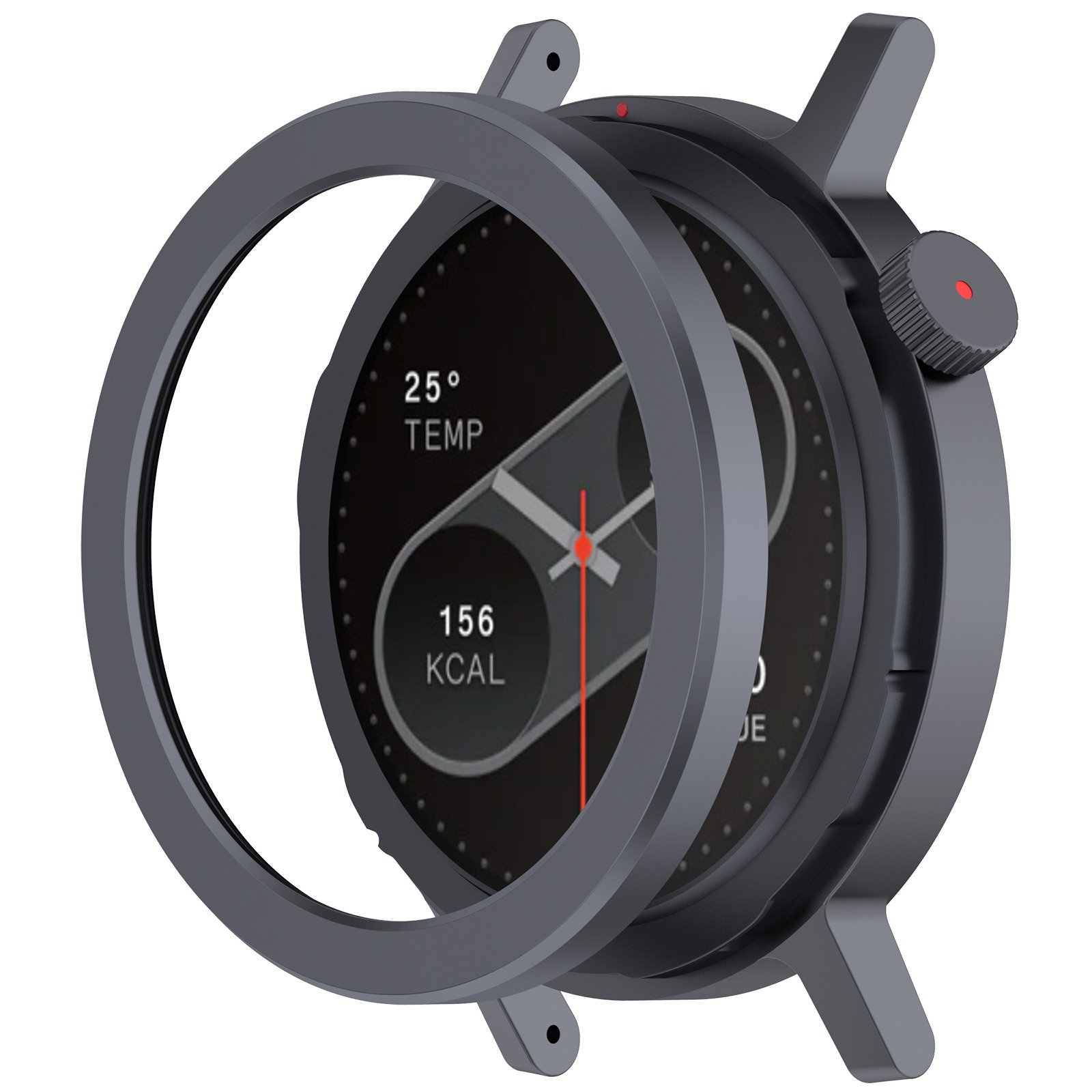 Uno smartwatch grigio scuro mostra tempo, temperatura e dati sulle calorie. Ha un pulsante rosso e un design del telaio su sfondo bianco.